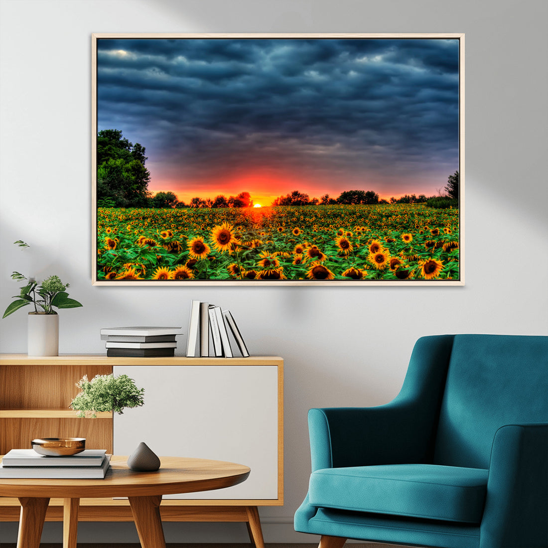 Golden Sunflower Field at Sunset, Breathtaking Sky and Vibrant Flowers Wall Art Canvas Print