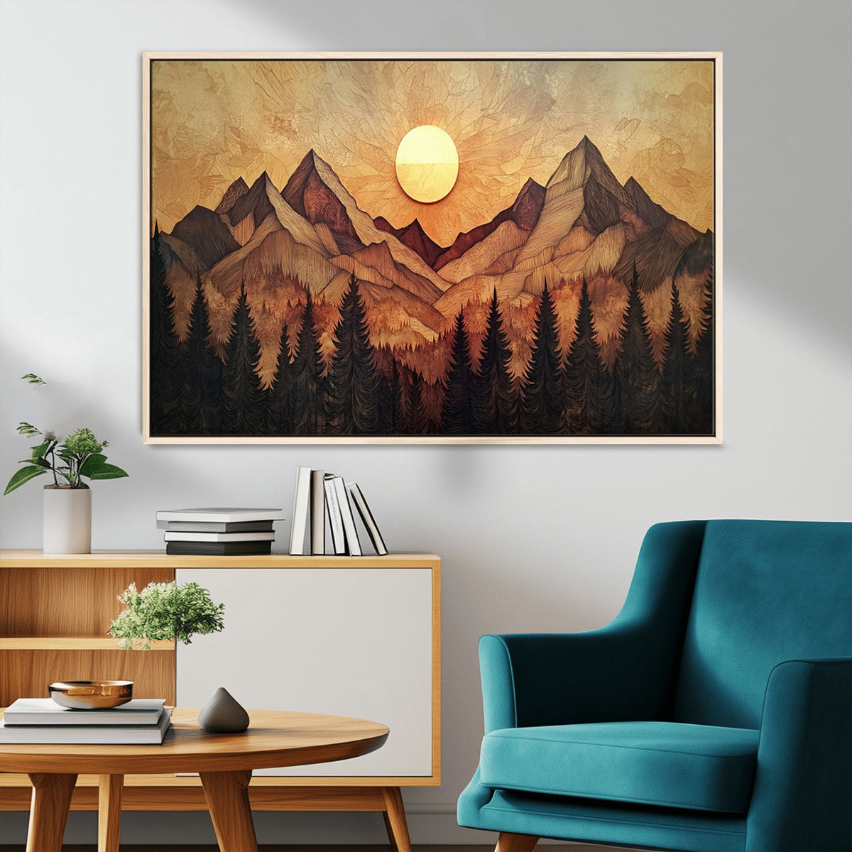 Wood Style Abstract Mountain Sunset Canvas Wall Art Print - Warm Earth