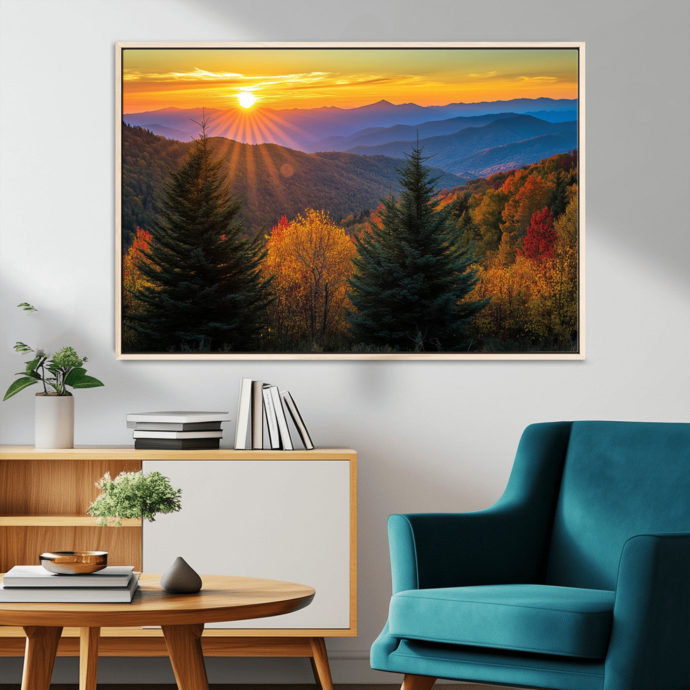 MGV-FC-36X24 - Golden Sunset Over Mountain Forest Canvas Wall Art Print - Warm Nature-Inspired Landscape for Living