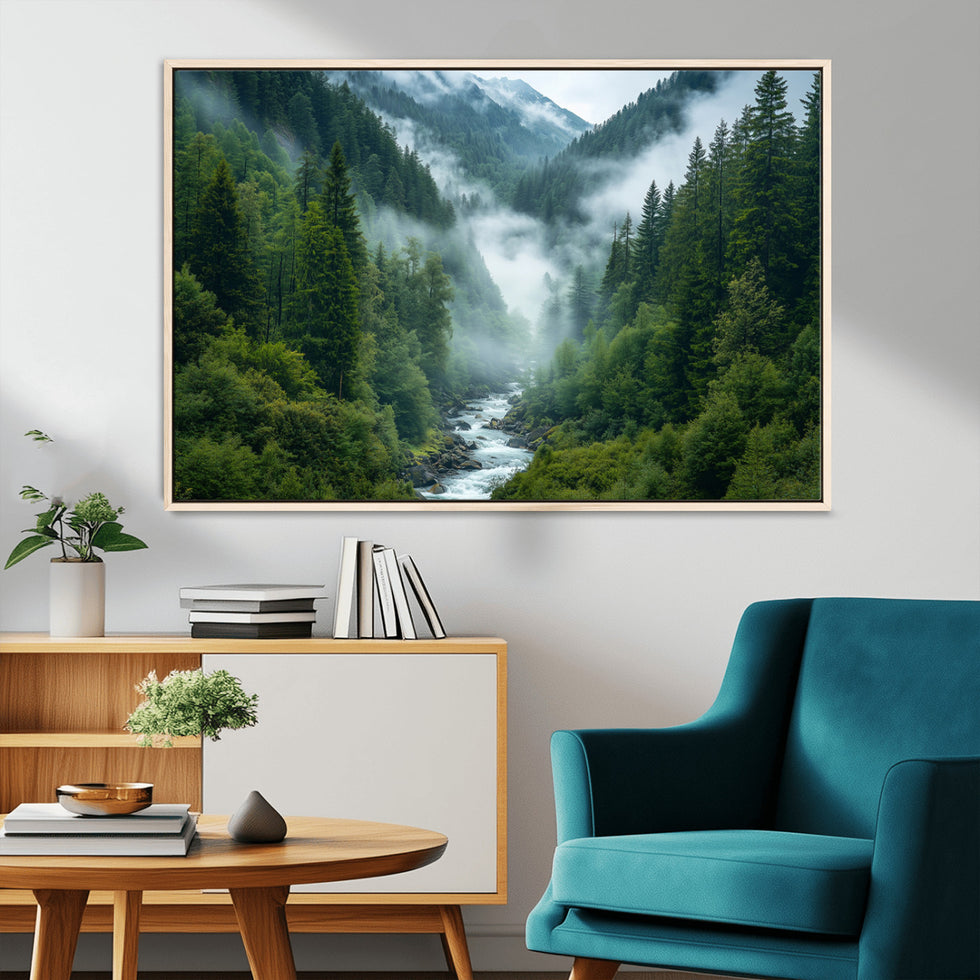 Tableau Sur Toile Nature Vintage - Forêt Et Rivière - Style Art Déco - Prêt à Accrocher