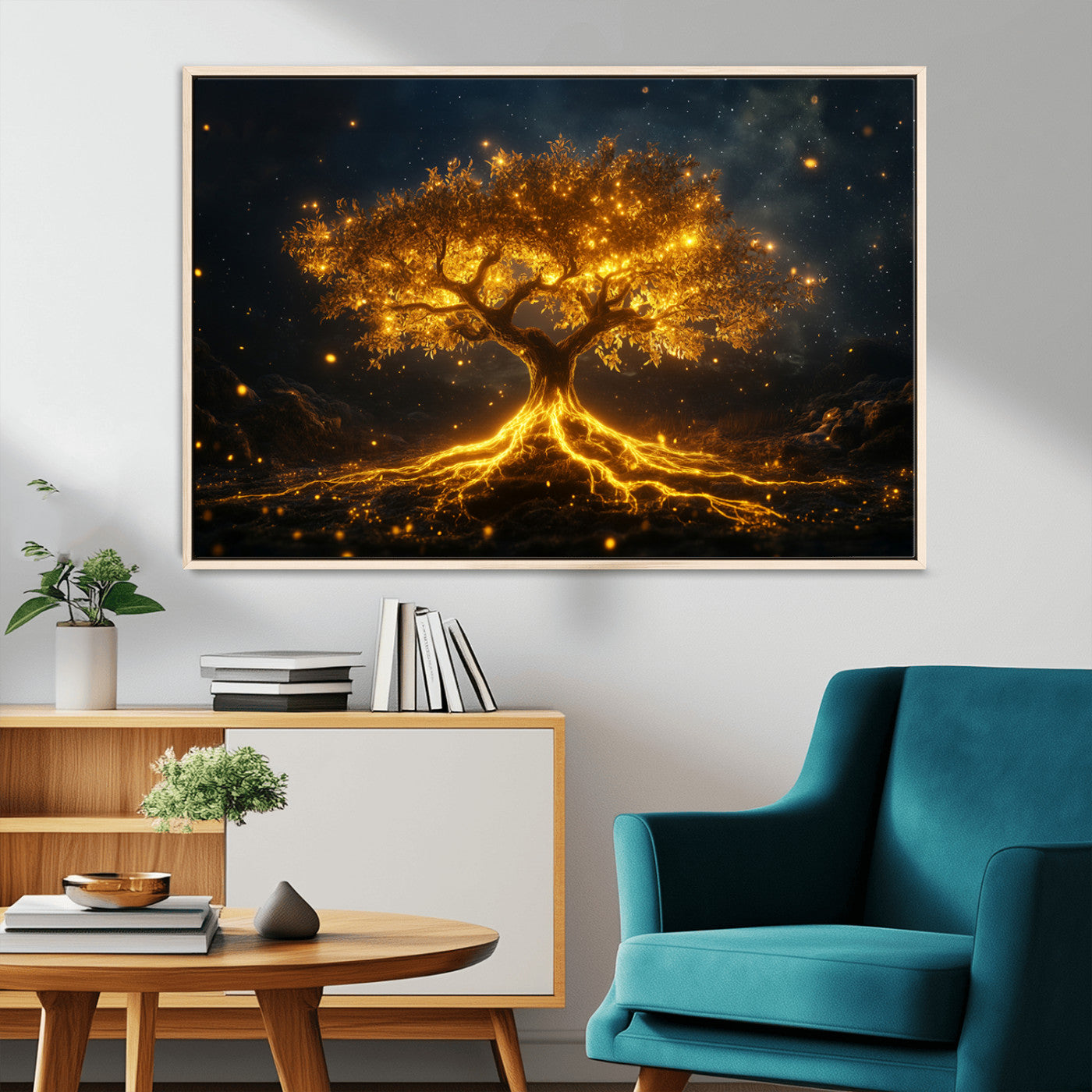 MGV-FC-36X24 - Golden Tree of Life Canvas Wall Art Print - Majestic Glowing Tree Design for Living Room, Office, or