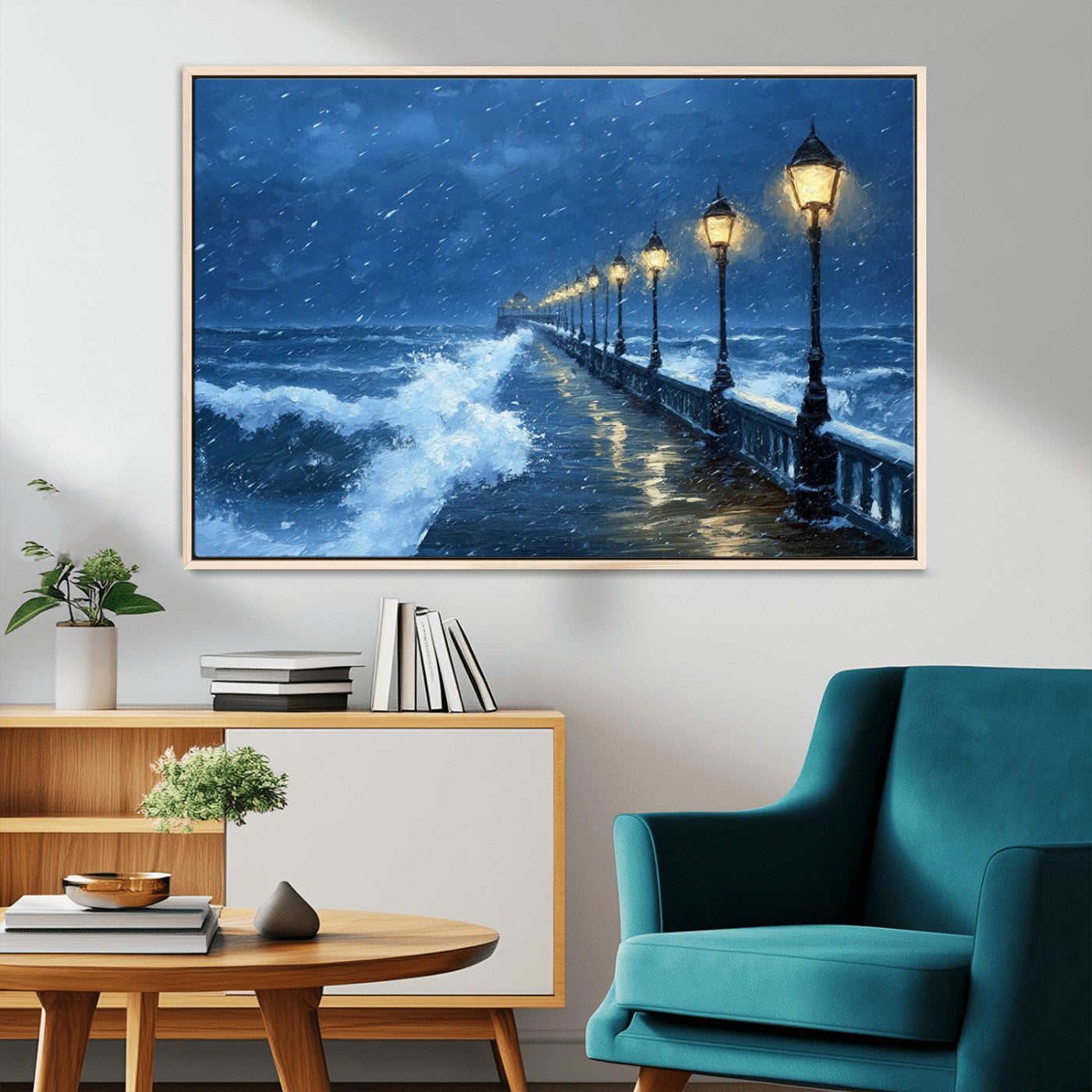 MGV-FC-36X24 - Stormy Ocean Pier Lights Canvas Wall Art Print - Large Moody Night Scene for Living Room, or Office,