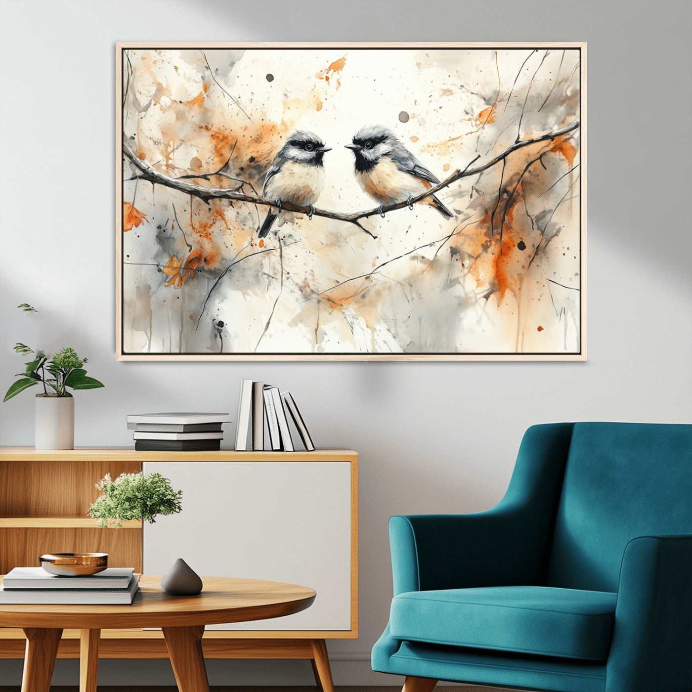 MGV-FC-36X24 - Abstract Watercolor Chickadee Bird Canvas Wall Art Print - Large Bird and Branch Wall Art, Modern