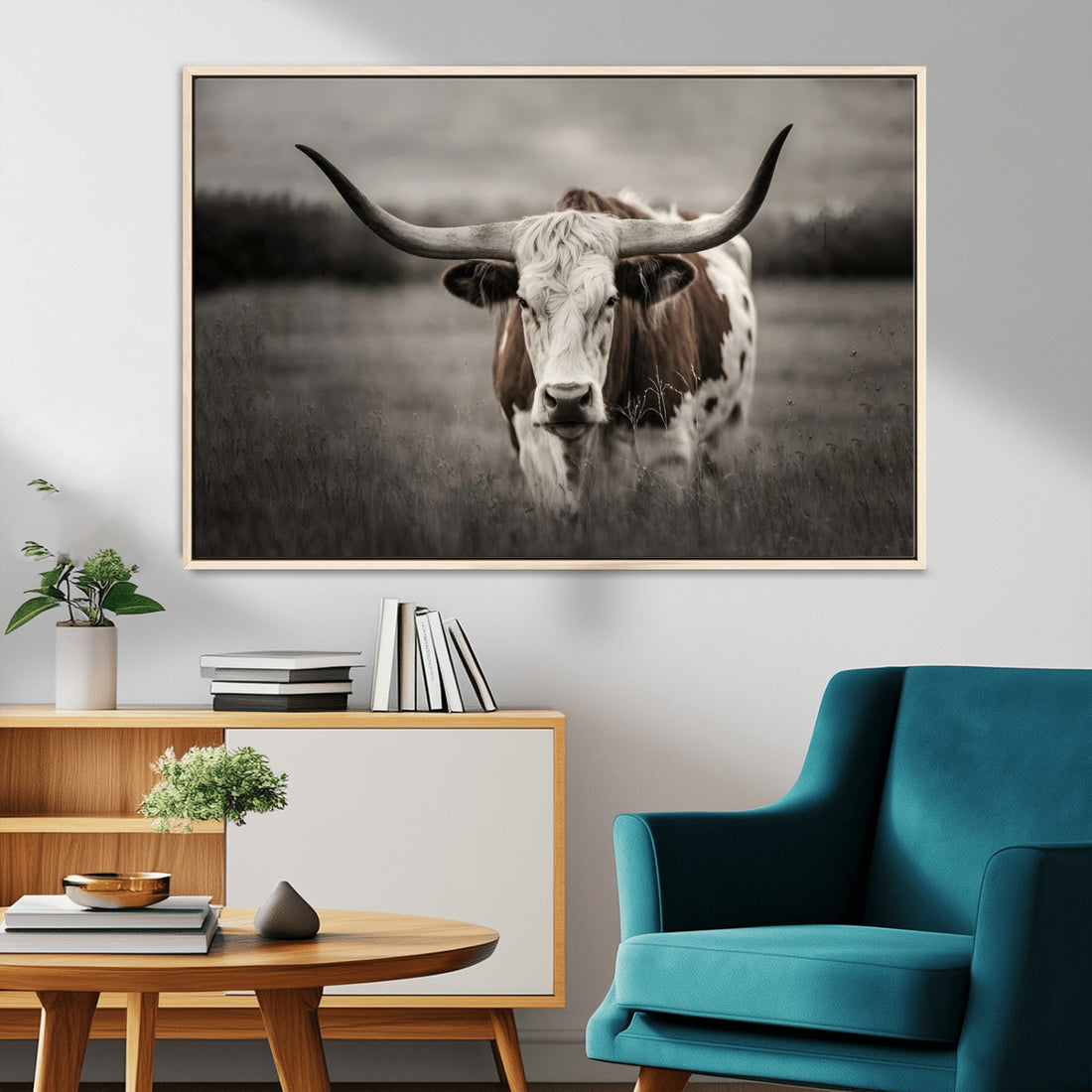 Texas Longhorn Cow Canvas Wall Art Print, Large Rustic Decor
