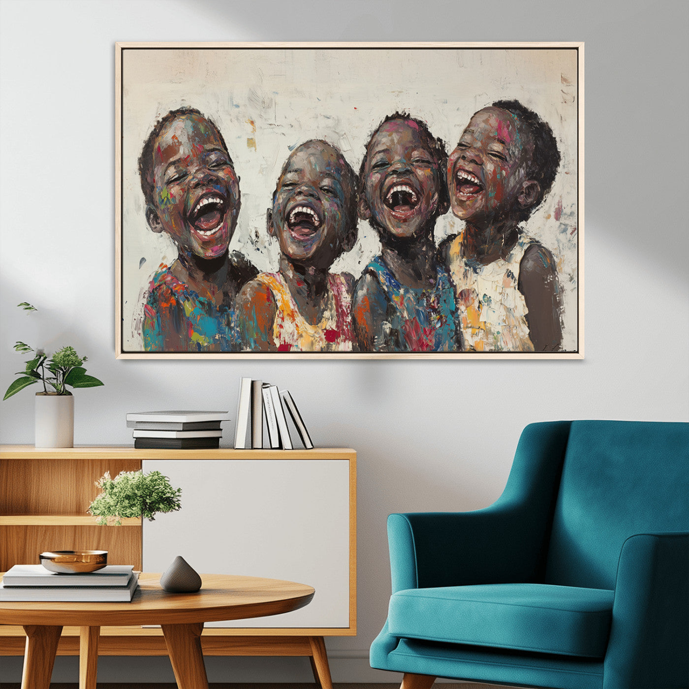85256-MGV-CV-36X24-Shai Yossef Print - Joyful Childhood Canvas Wall Art - Expressive Impasto Painting of Laughing
