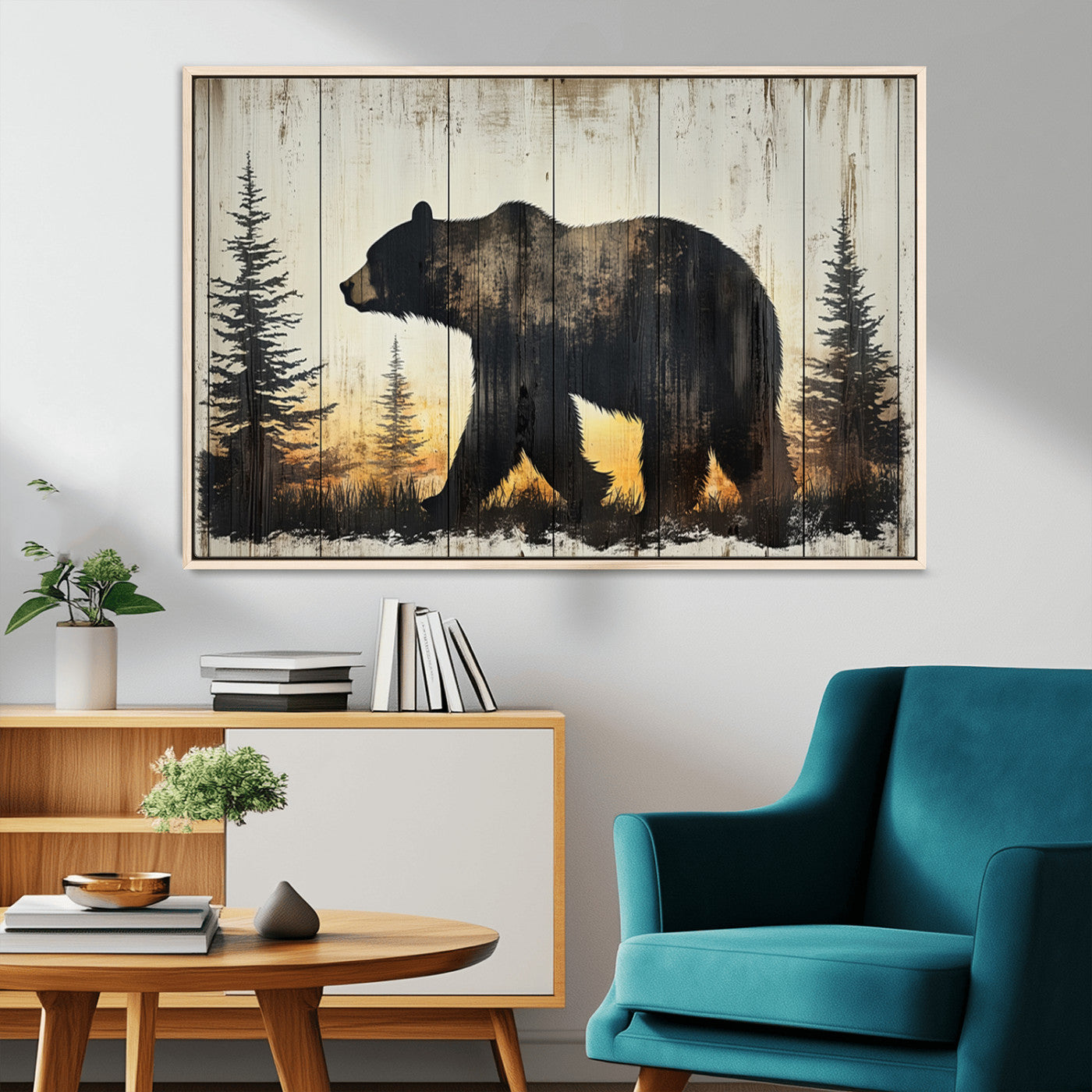 83875-MGV-CV-36X24-Vintage Bear Wall Art Canvas Print for Farmhouse - Mountain Wood Canvas Wall Art - Forest Silhouette