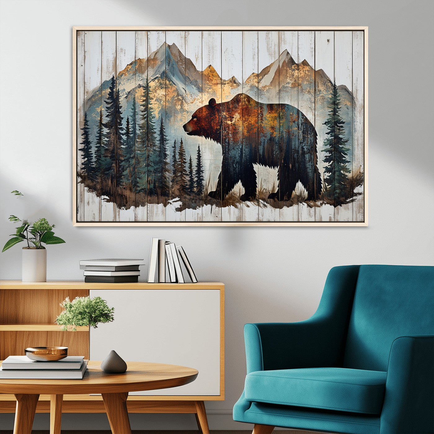 55777-MGV-CV-36X24-Rustic Grizzly 399 Bear and Mountain Wood Canvas Wall Art - Framed Nature Artwork with Forest