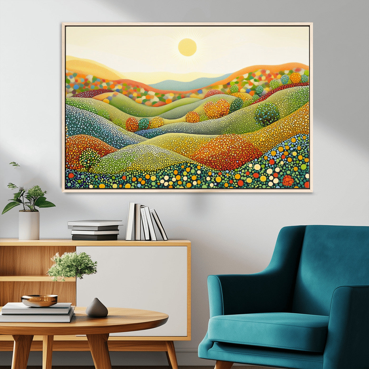 MGV-FC-36X24 - YAYOI KUSAMA Colorful Dot Art Landscape Canvas - Framed Abstract Pointillism Inspired by Nature with