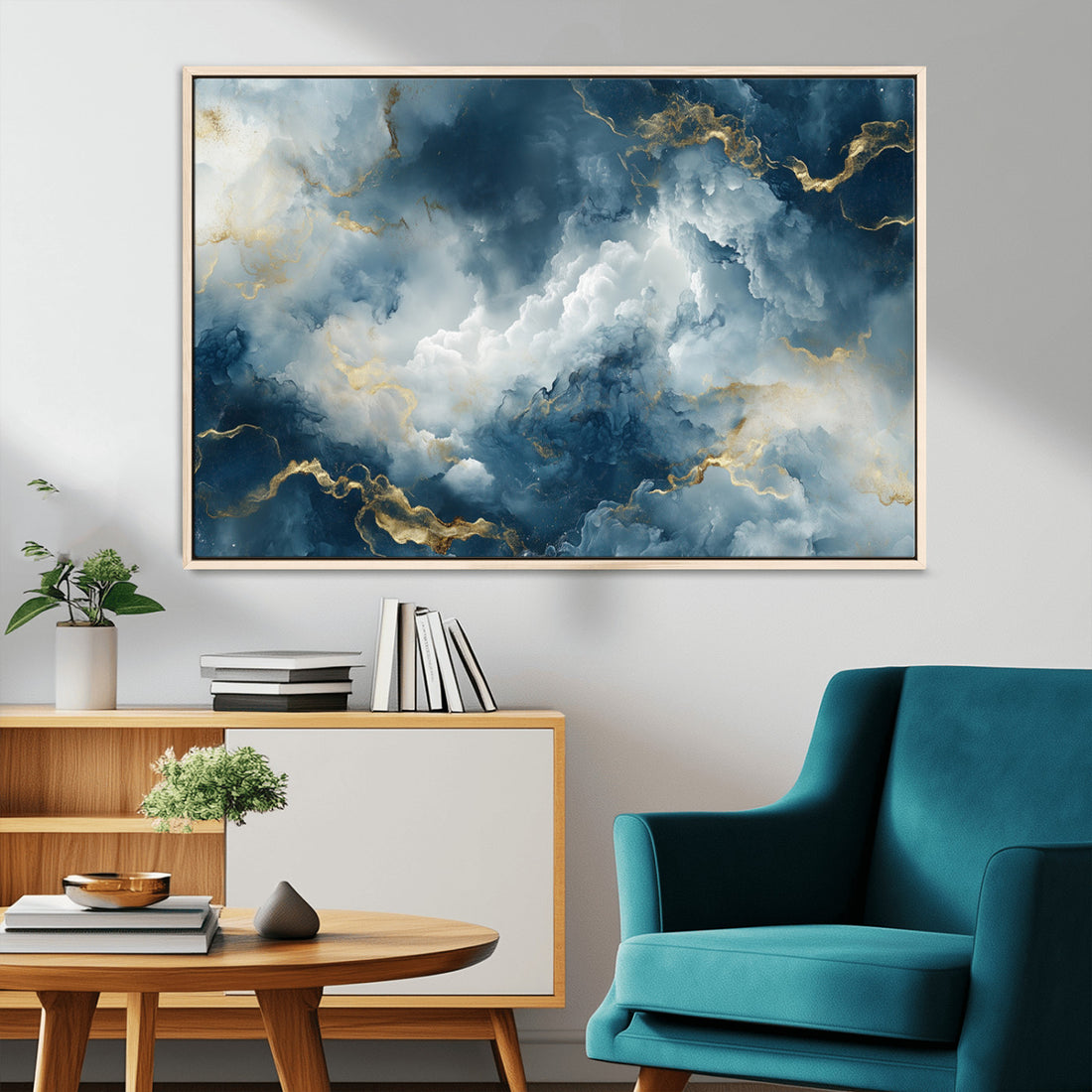 Large Abstract Print - Luxe Blue and Gold Abstract Canvas Wall Art - Bold Cloudscape