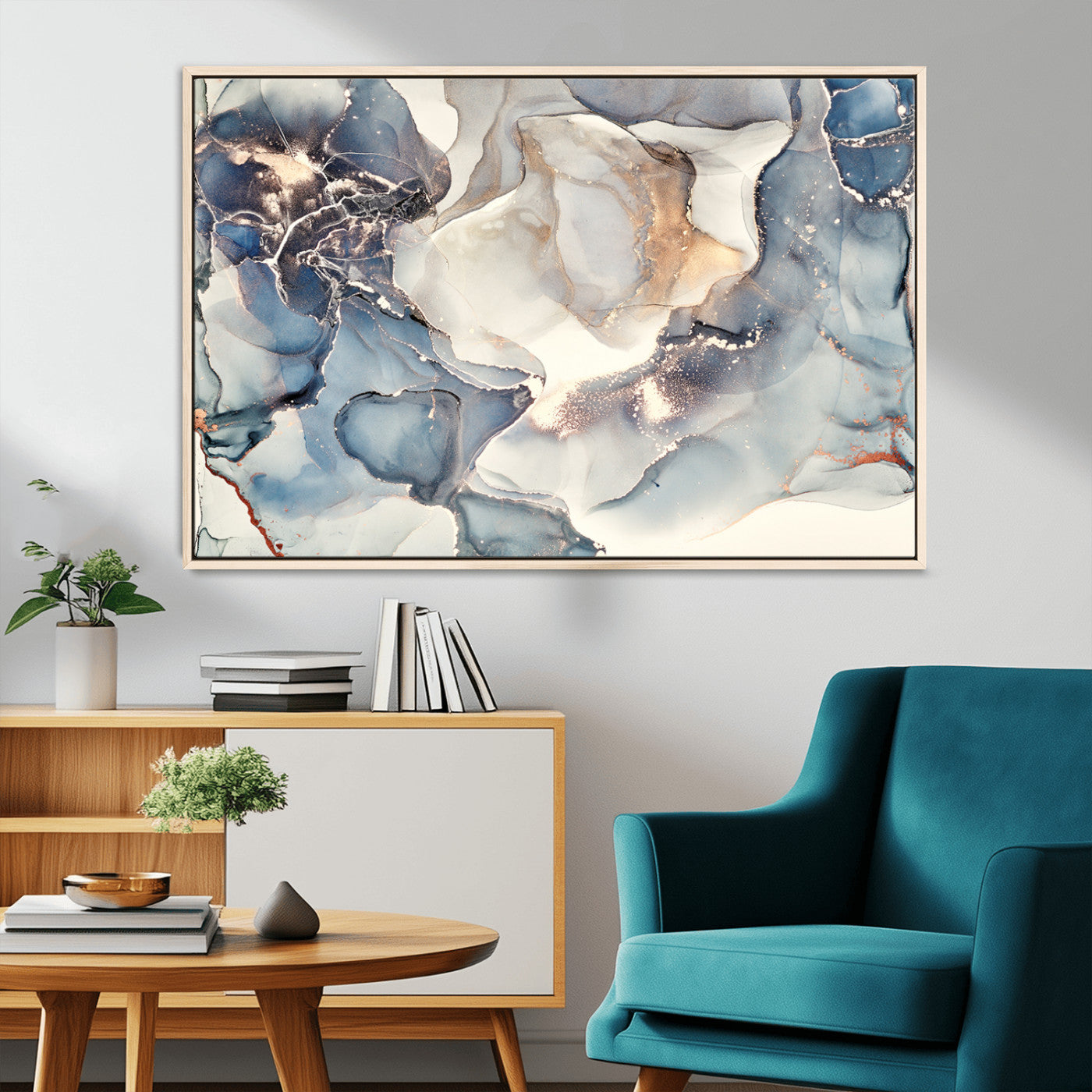 MGV-FC-36X24 - Abstract Blue and Gold Canvas Wall Art - Fluid Modern Ink Artwork - Modern Luxury Wall Decor for