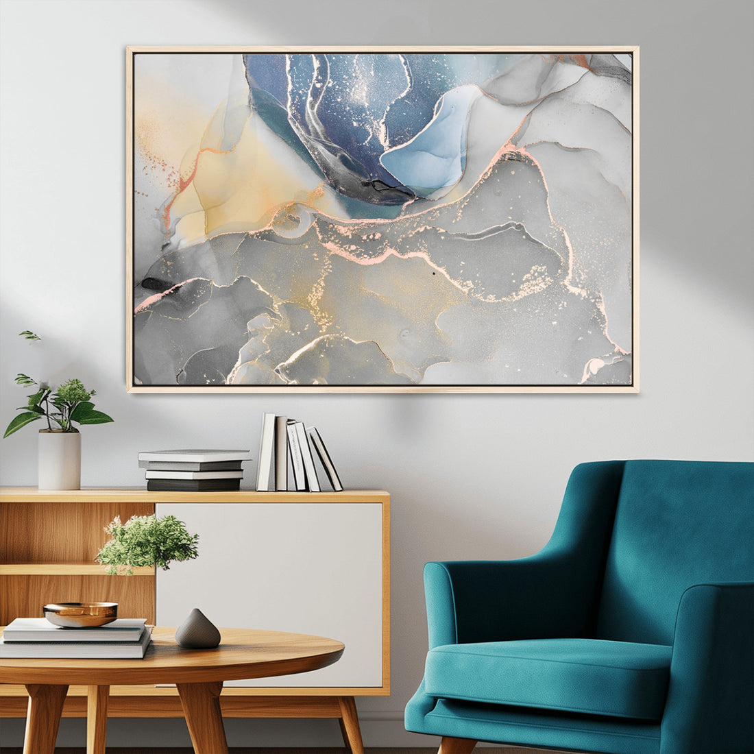 Large Abstract Blue and Gold Canvas Wall Art | Fluid Ink Artwork Print | Luxury Wall Decor