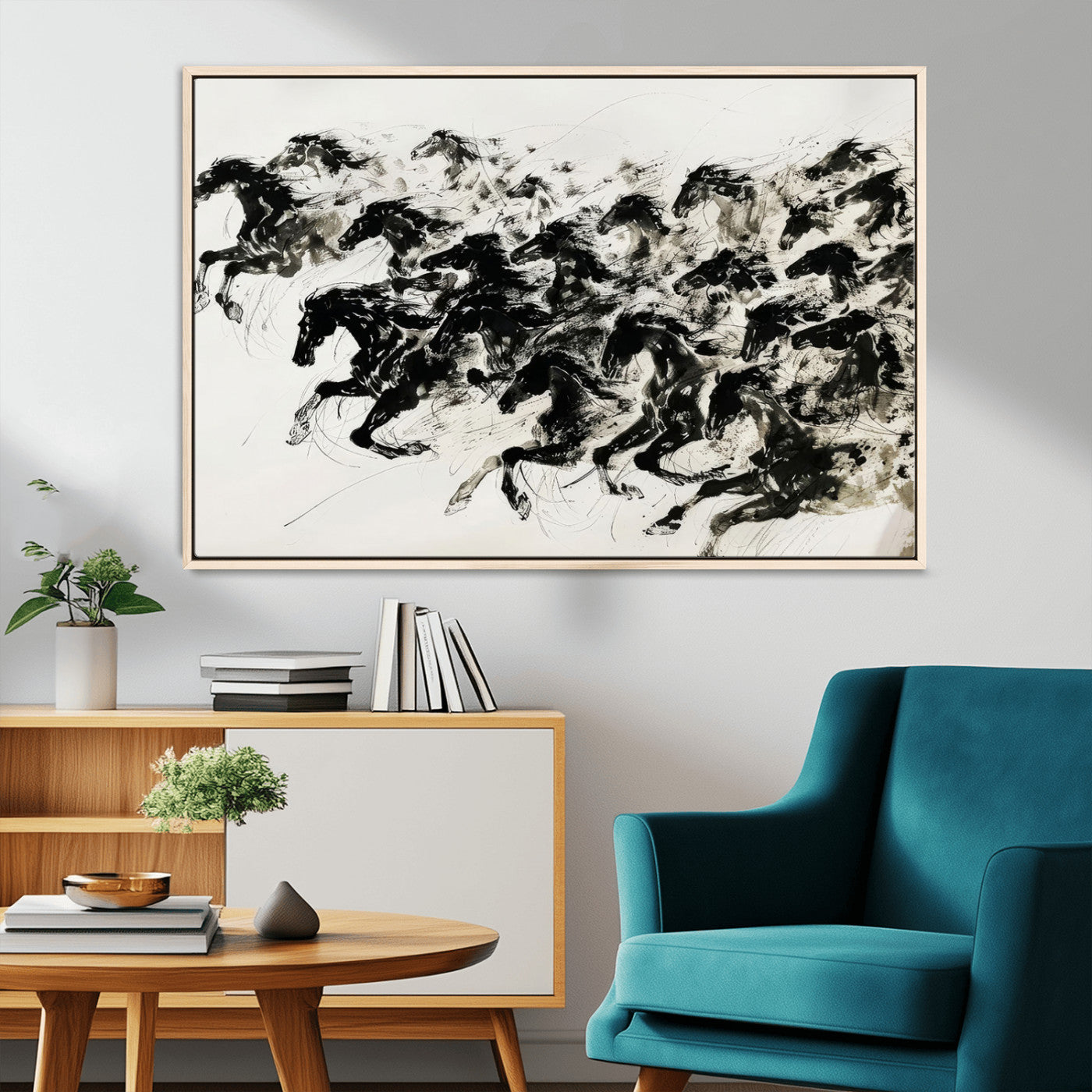 MGV-FC-36X24 - Abstract Horse Wall Art Canvas Print - Dynamic Black Ink Horse Print - Modern Equine Wall Decor for