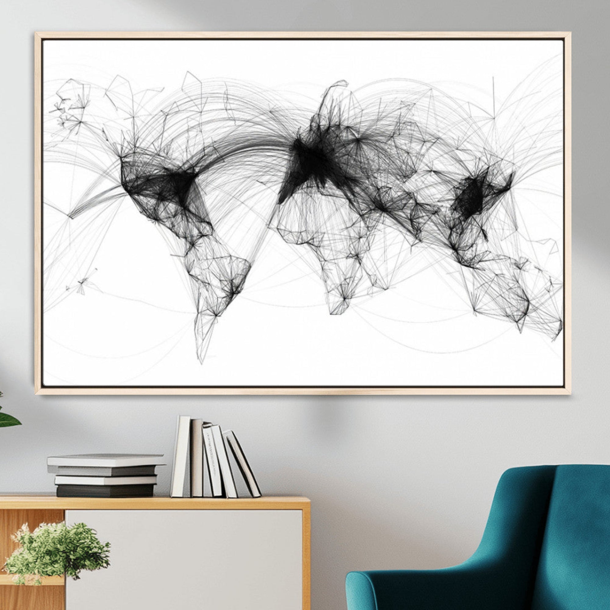 50136-MGV-CV-36X24-Abstract World Map Wall Art – Framed Geometric Line Canvas Artwork, Modern Global Design, Contemporary Decor for Home, Office