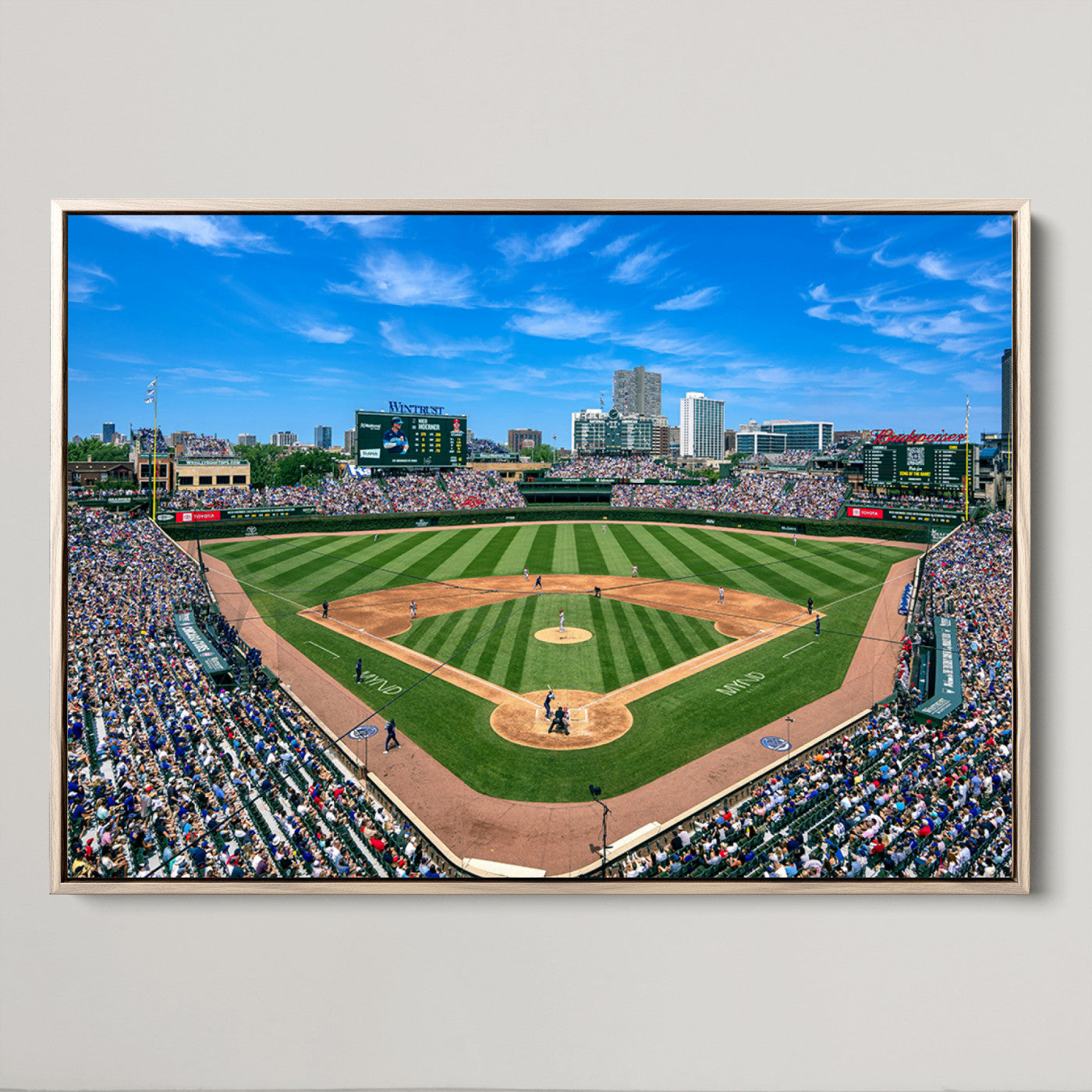 26064-MGV-CV-30X20-Framed Wrigley Field Chicago Cubs Print, Panoramic Multi Piece Canvas Wall Art - Iconic Baseball Stadium Print for Sports Lovers - Ready to