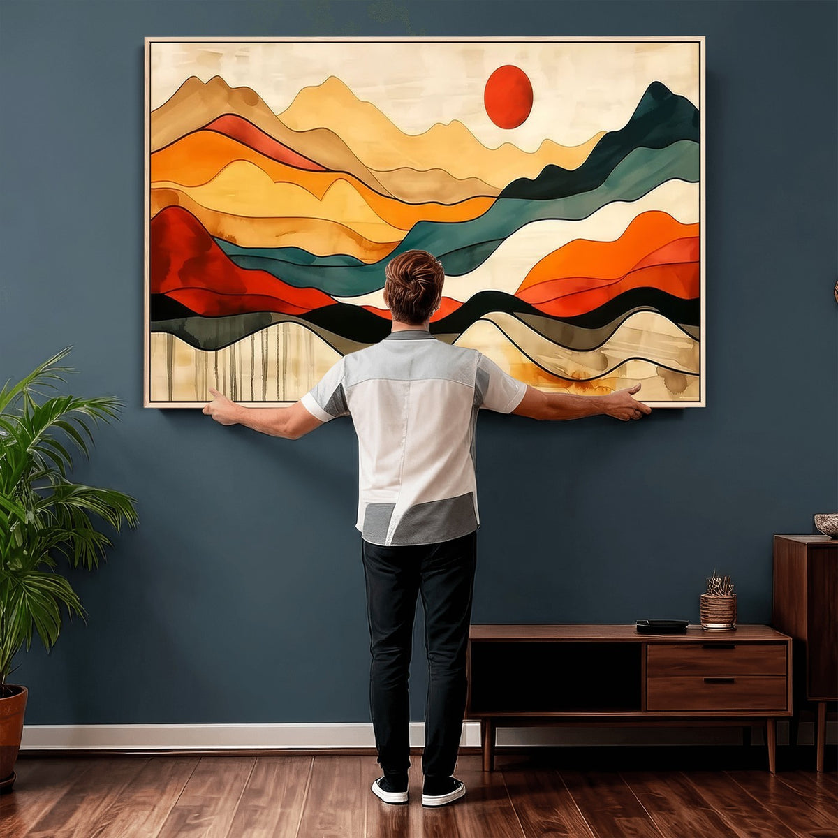 23241-MGV-CV-24X16 - Mid Century Wall Art Print, Abstract Woodland Mountain Print, Panoramic Modern Art