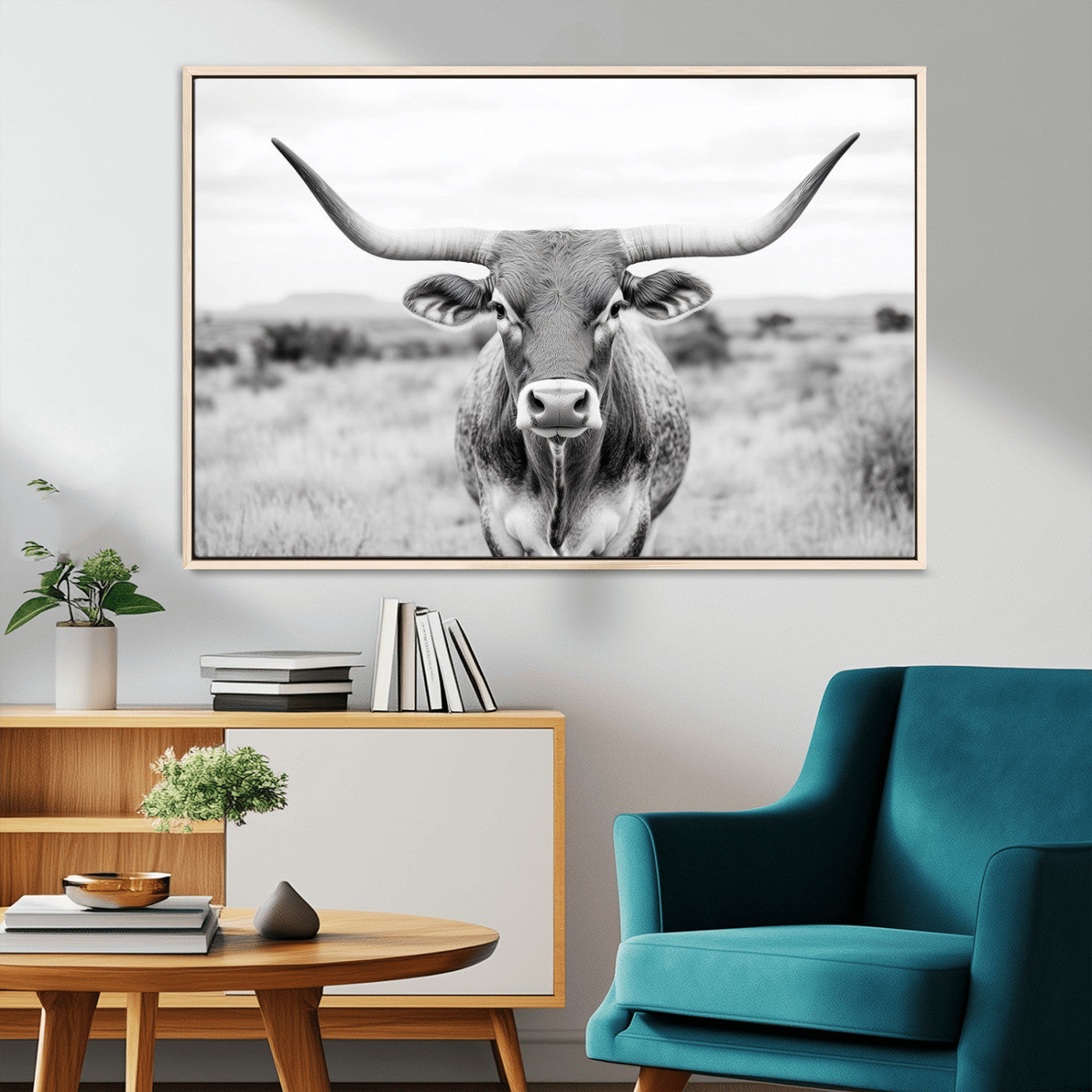 MGV-FC-36X24 - Highland Cow Wall Art Print - Black and White Texas Western Longhorn Canvas - Farmhouse Decor Print