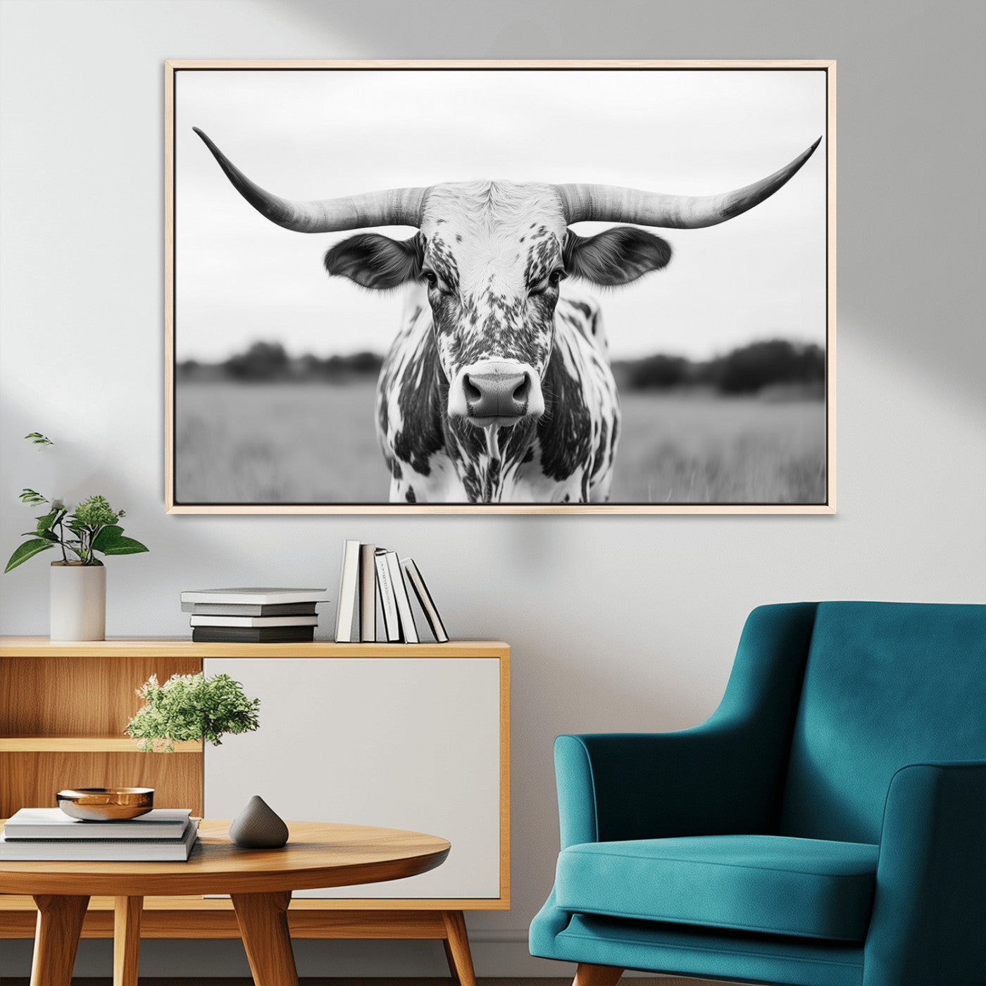 MGV-FC-36X24 - Highland Cow Wall Art - Black and White Western Longhorn Canvas Print - Farmhouse Living Room Decor