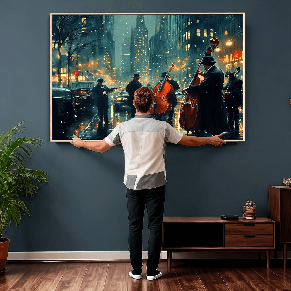 53391-MGV-CV-24X16 - Urban Night Jazz Wall Art Canvas Print | Moody Rain Soaked City Street Band Scene