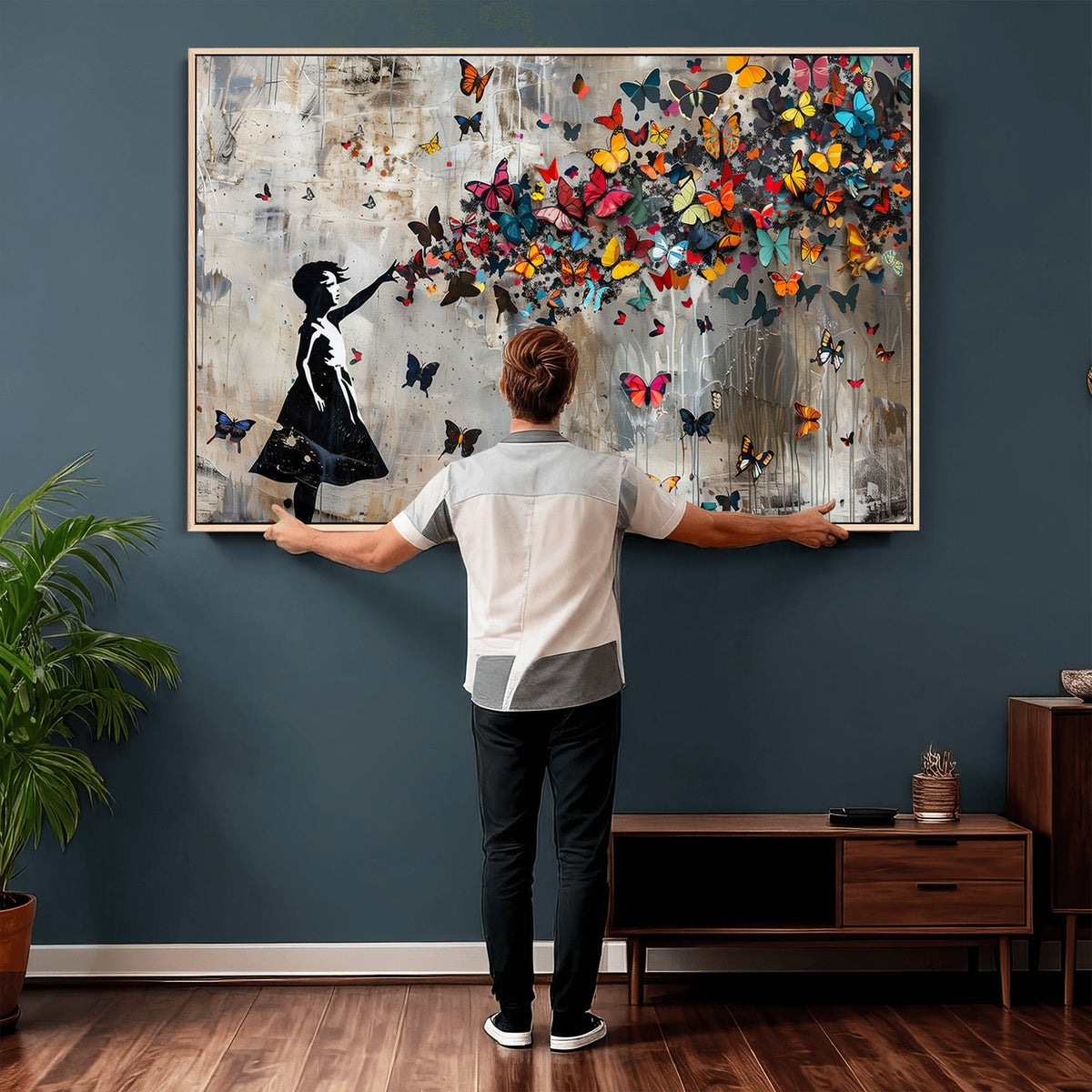 51446D-MGV-CV-24X16 - Banksy Butterfly Girl Wall Art | Modern Graffiti Canvas Print, Street Art Decor