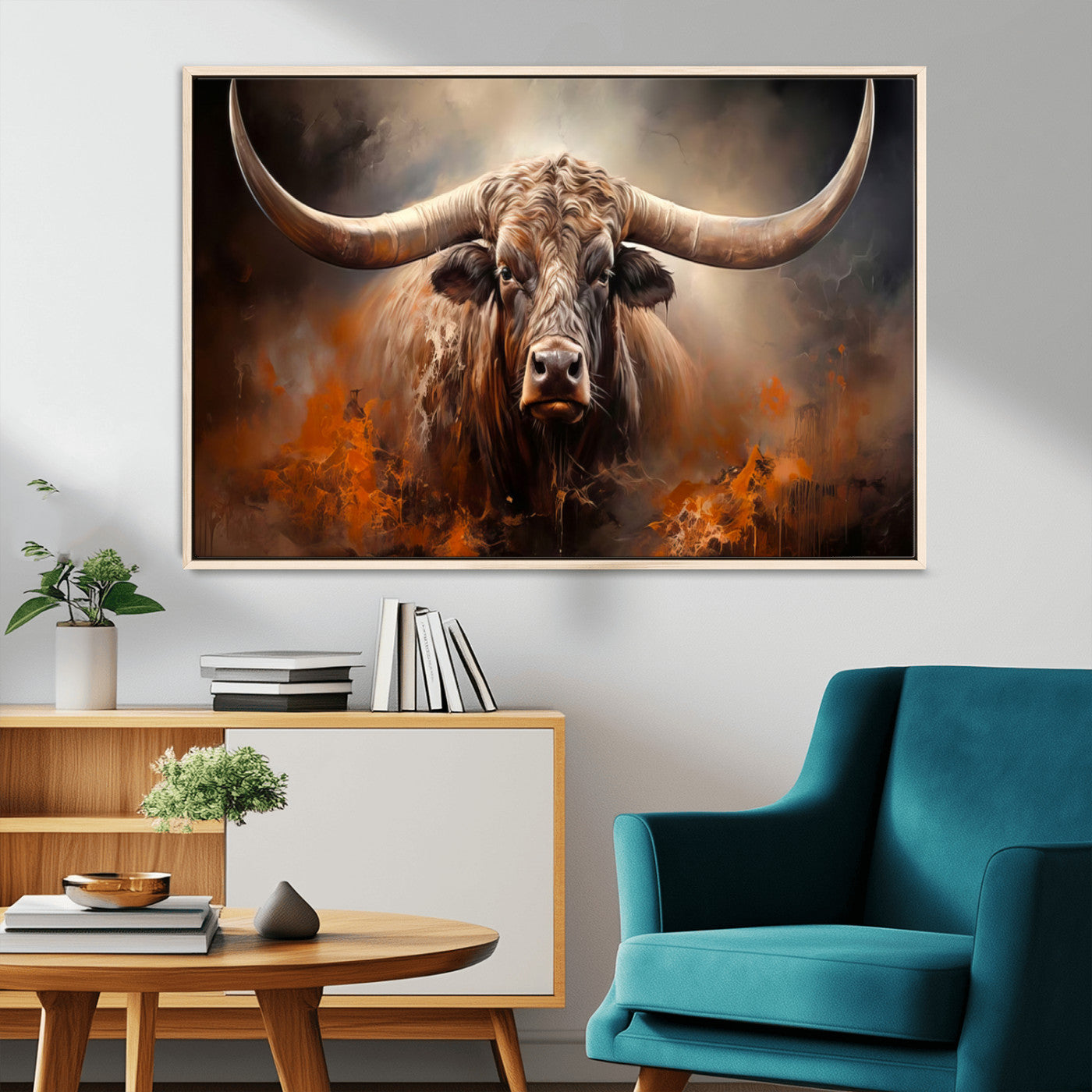 MGV-FC-36X24 - Highland Bull Canvas Abstract Canvas Wall Art Print – Powerful Highland Bull with Striking Horns in