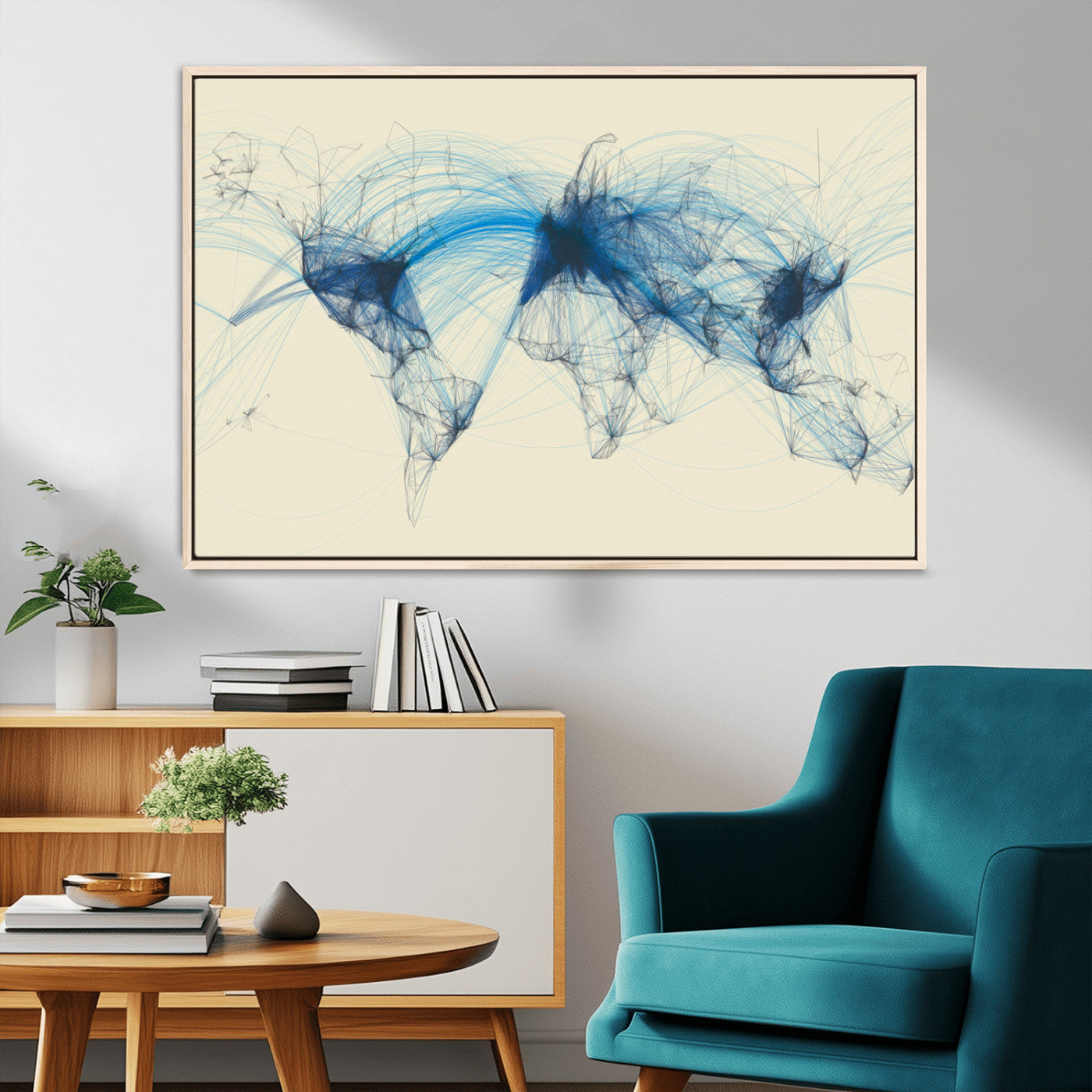 MGV-FC-36X24 - Flight Routes Map art Air Traffic Avi World Map with Blue Connections Canvas Wall Art – Modern