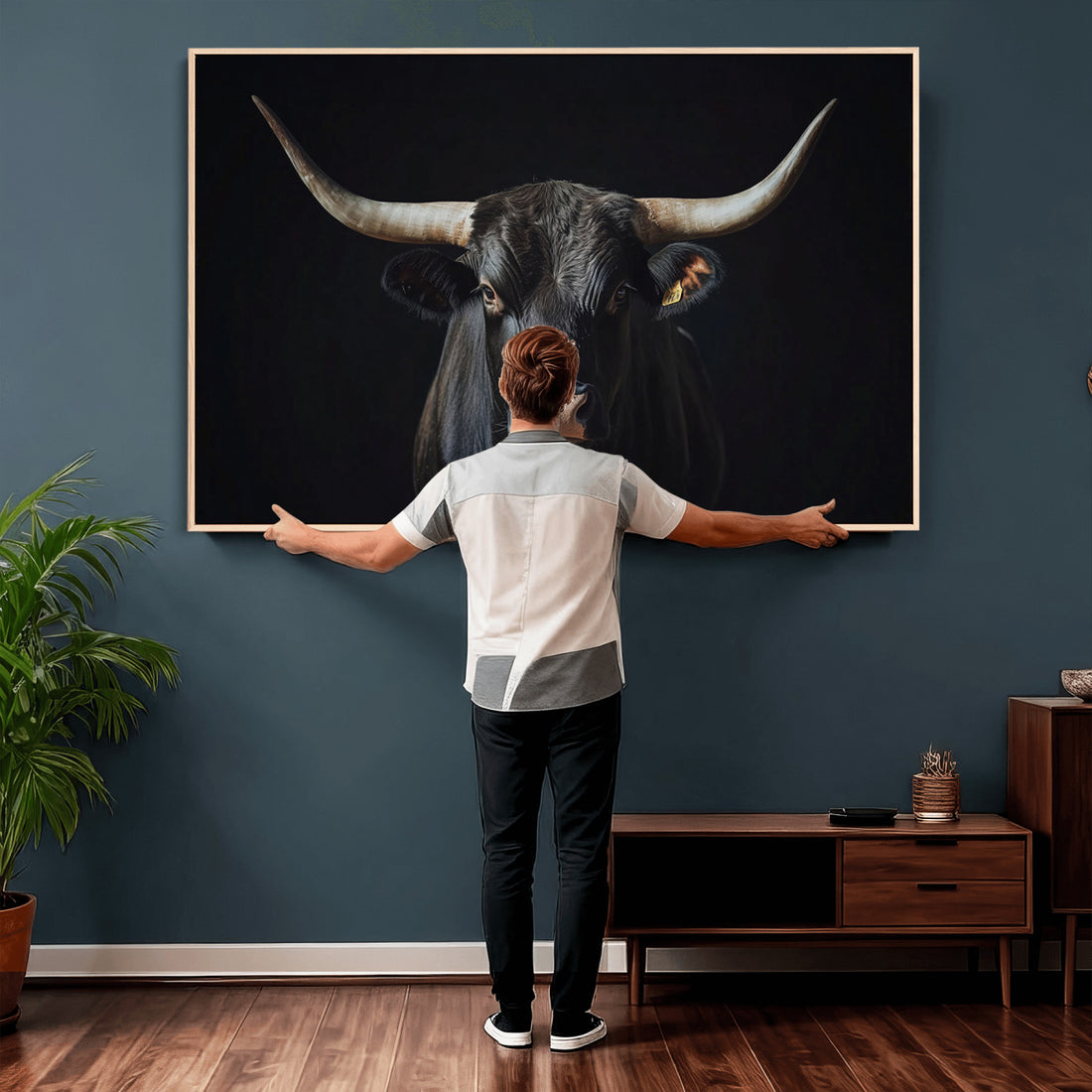 Majestic Longhorn Bull Wall Art Canvas Print | Dark Background Western Portrait