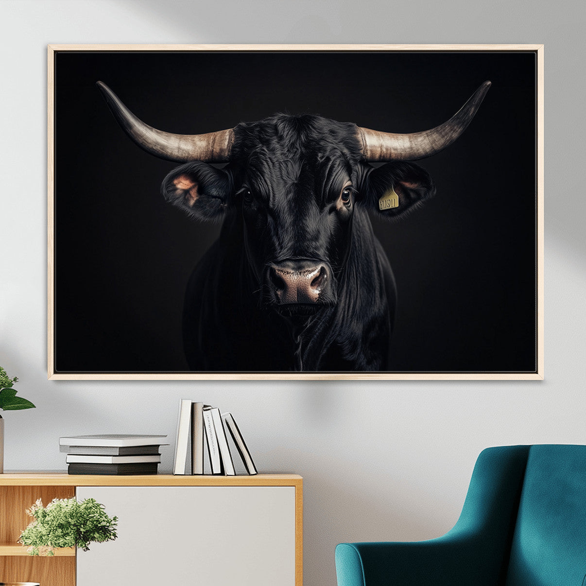MGV-FC-36X24 - Black Bull Wall Art – Framed Horned Bull Canvas Artwork, Western Cattle Design, Rustic Ranch Style Decor for Home, Office