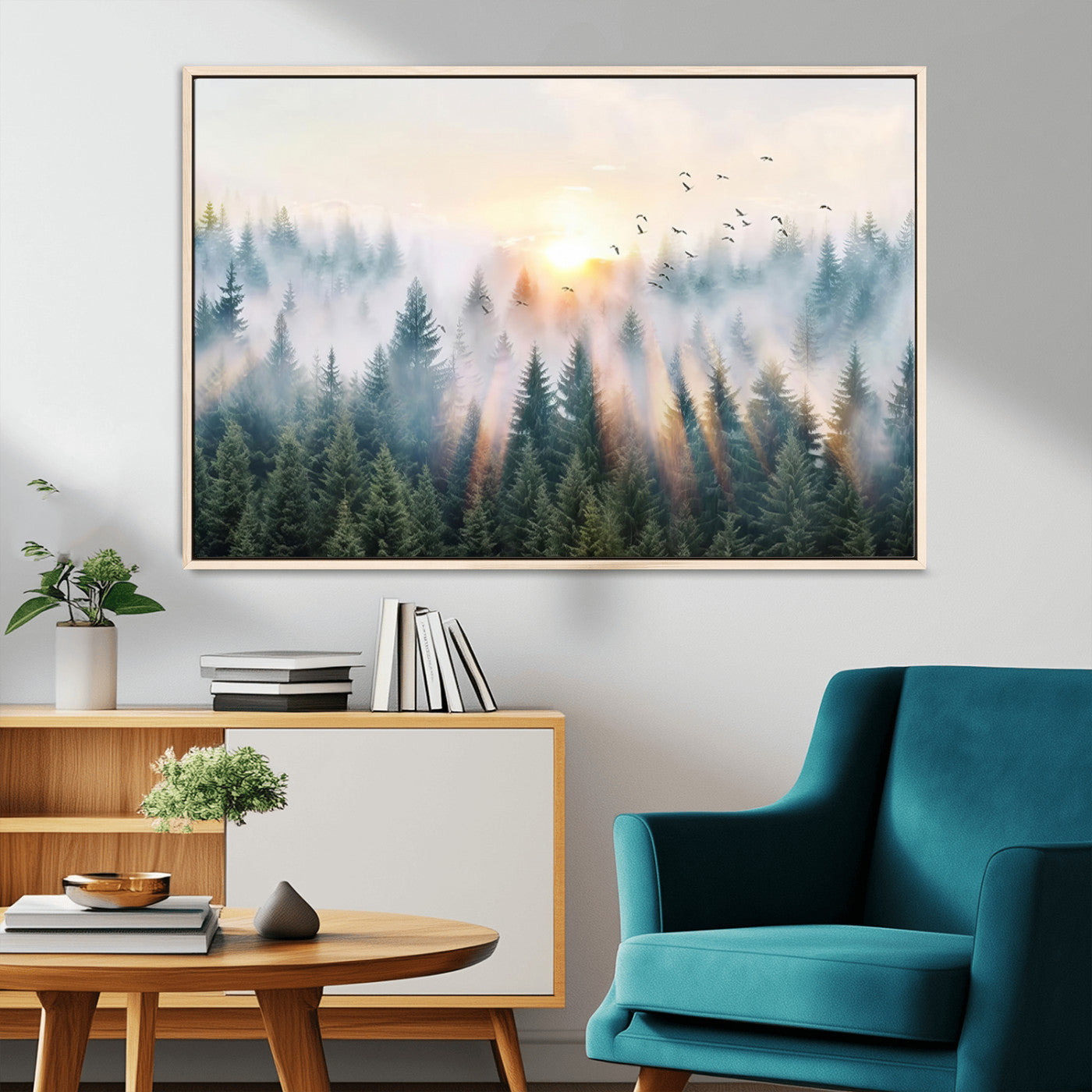 MGV-FC-36X24 - Misty Pine Forest Wall Art Canvas, Sunrise Over Foggy Trees Canvas for Home - Office, Framed