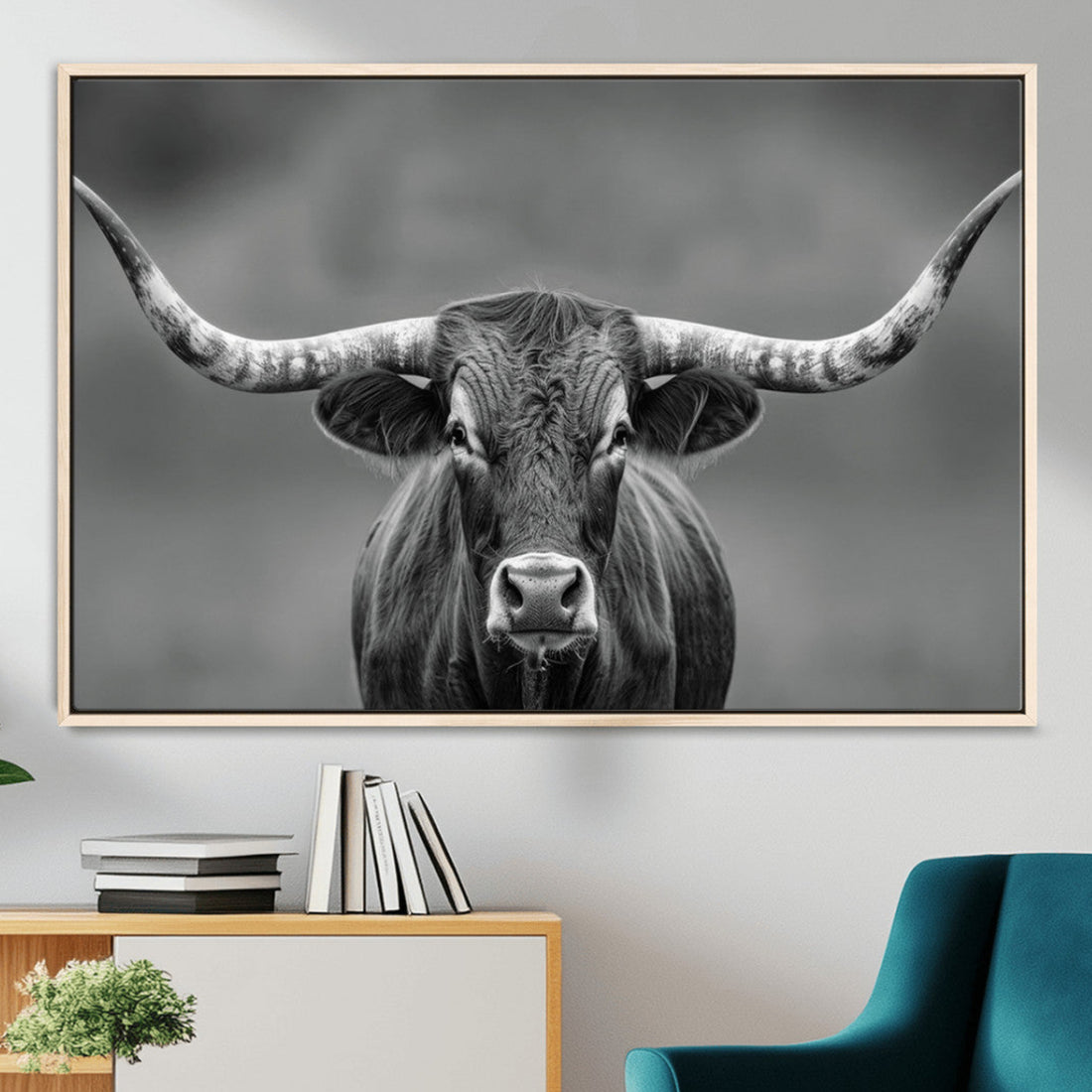 Texas Longhorn Wall Art Canvas Print, Framed Western Bull Photography, Rustic Log Cabin Decor