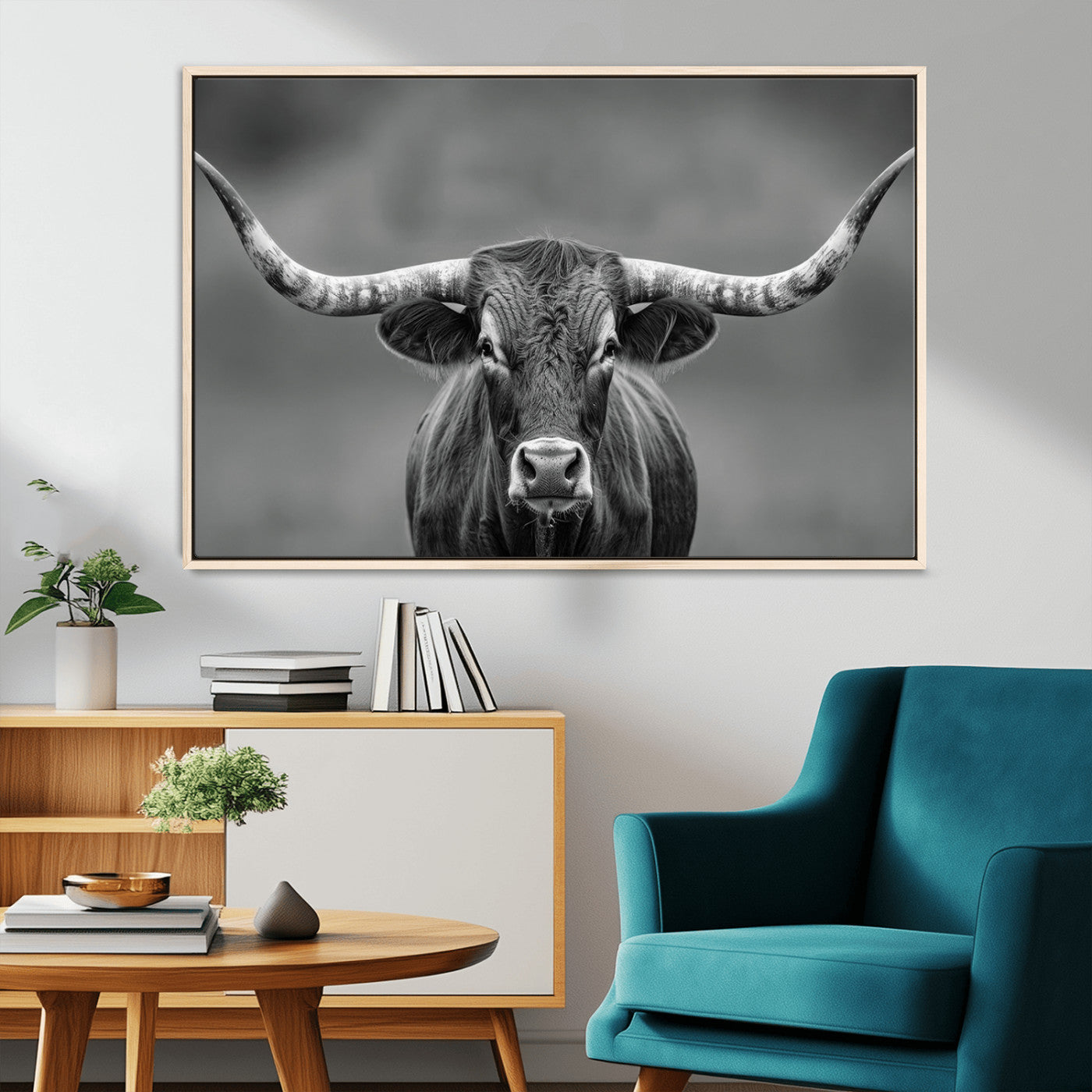 MGV-FC-36X24 - Framed Texas Longhorn Bull Art Canvas Print, Western Bull Wall Art Print, Long Horn Bull Photo Print