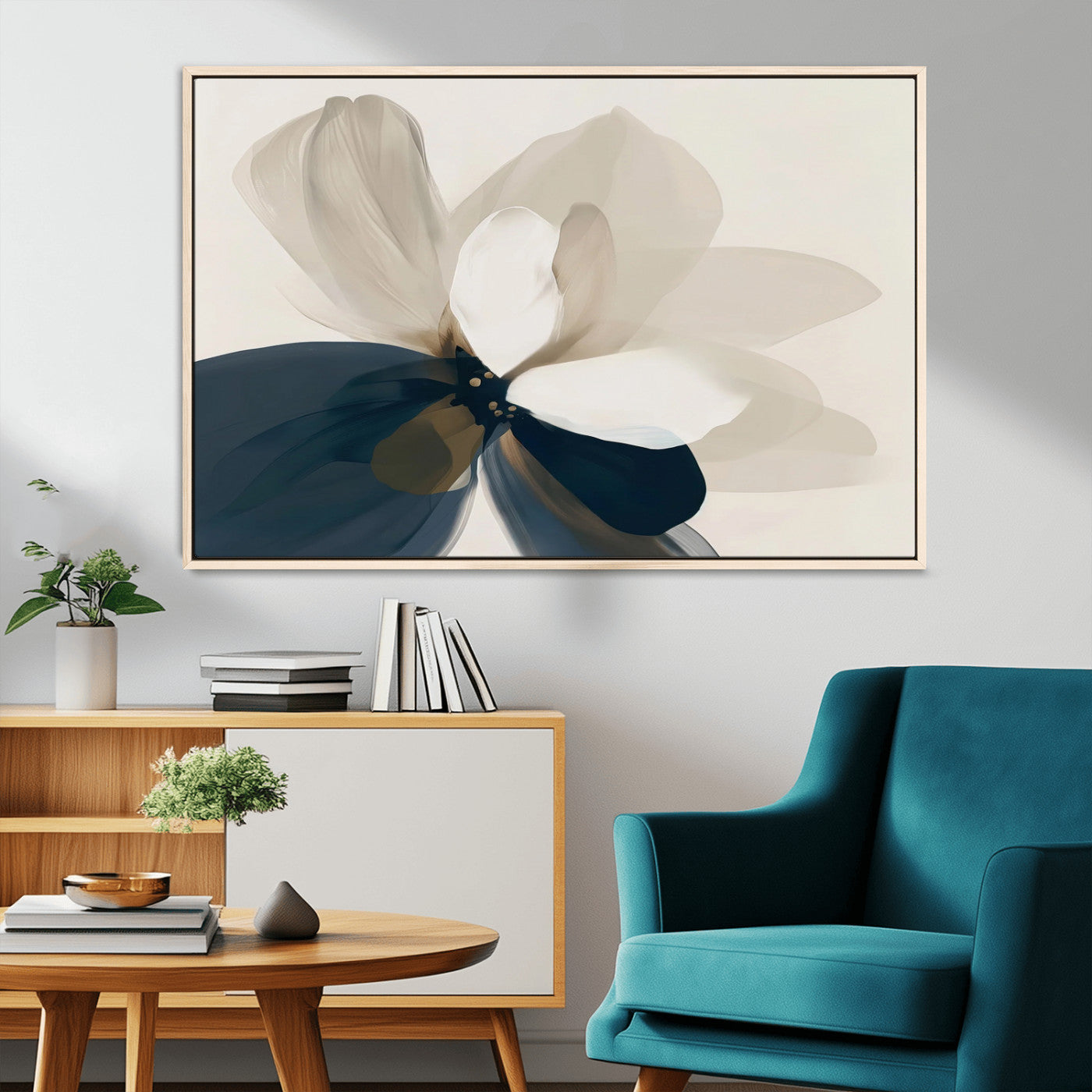 MGV-FC-36X24 - Minimal Flower Wall Art Canvas Print, Framed Flower Drawing Art Picture Print, Beige Bloom Perfect Modern Botanical Decor Artwork