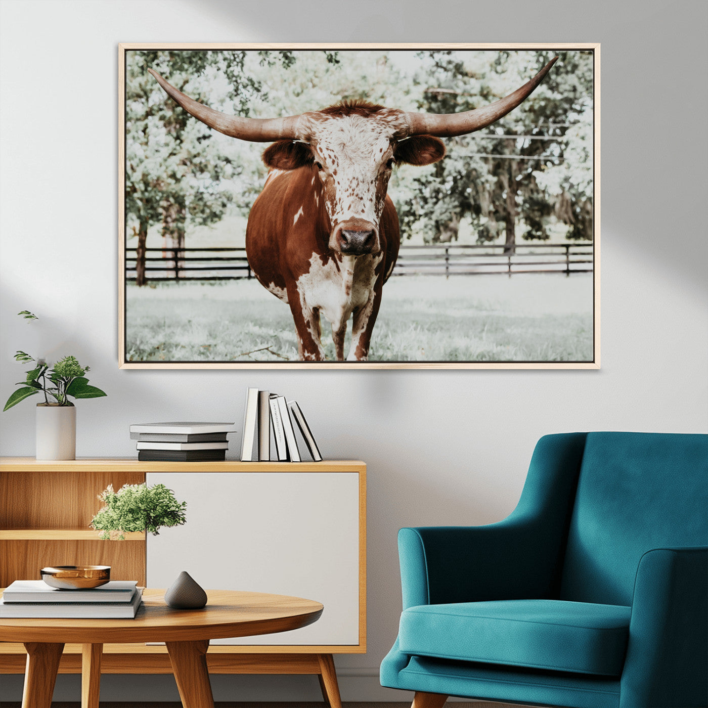 MGV-FC-36X24 - Texas Longhorn Wall Art Canvas Print, Framed Spotted Cow Art Picture Print, Horned Cattle Perfect Rustic Western Decor Artwork