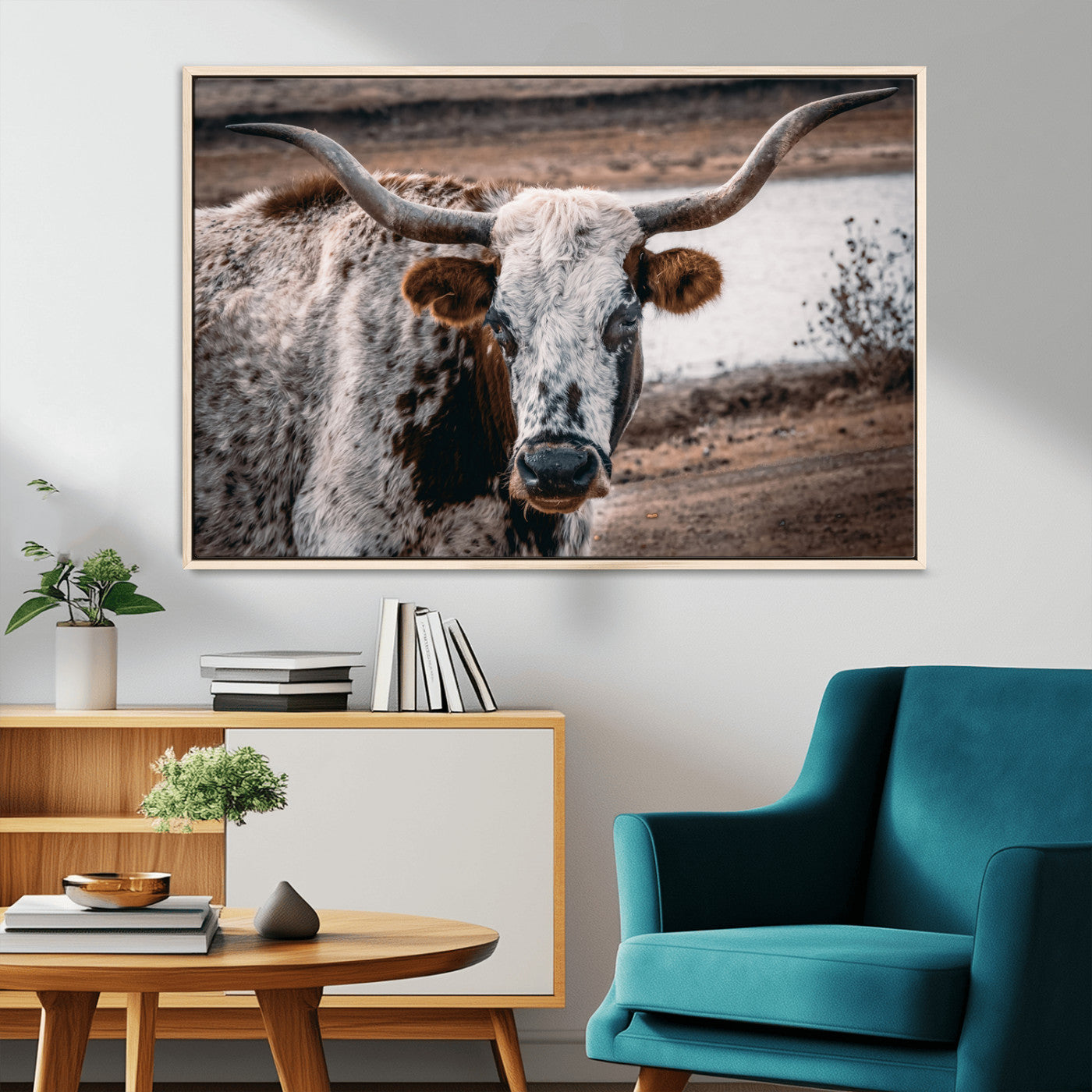 MGV-FC-36X24 - Texas Longhorn Wall Art Canvas Print, Framed Spotted Cow Art Picture Print, Horned Cattle Perfect Rustic Western Decor Artwork