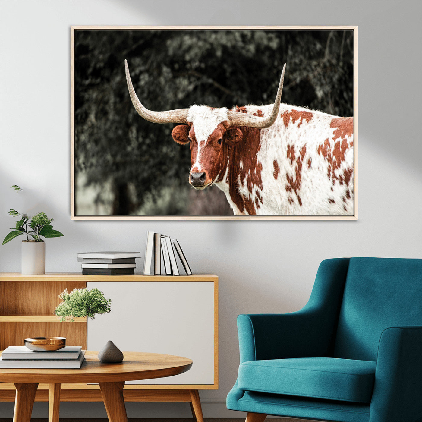 MGV-FC-36X24 - Texas Longhorn Wall Art Canvas Print, Framed Spotted Cow Art Picture Print, Horned Bull Perfect Rustic Western Decor Artwork