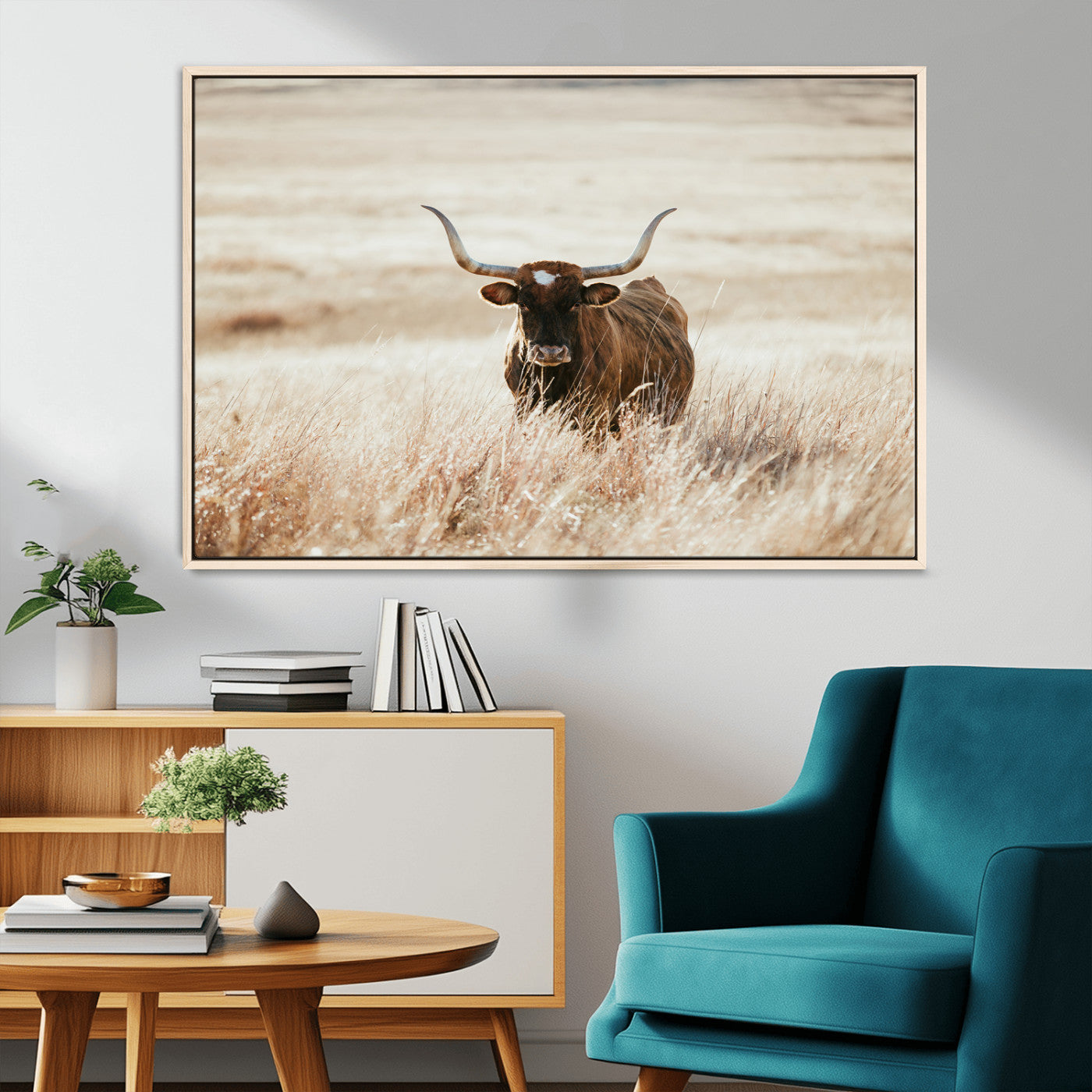 MGV-FC-36X24 - Texas Longhorn Wall Art Canvas Print, Framed Brown Cattle Art Picture Print, Horned Bull Perfect Rustic Western Decor Artwork