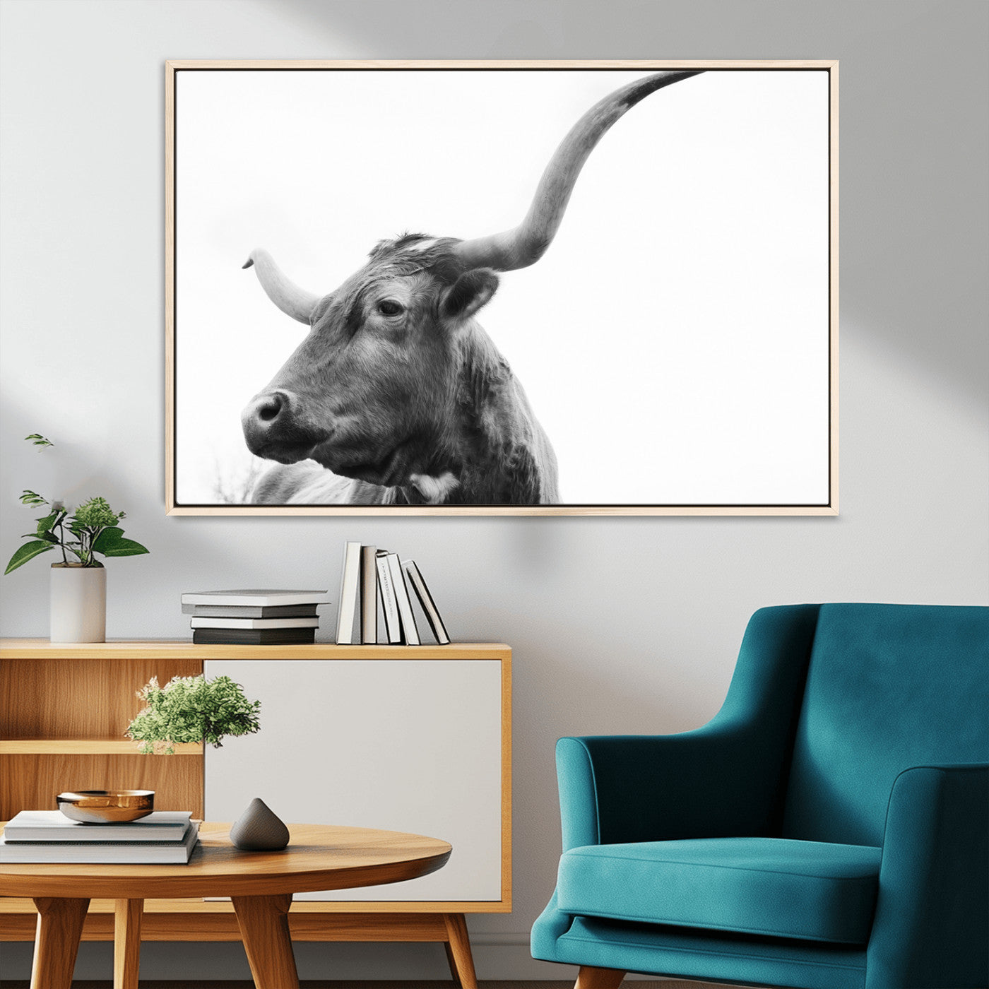 MGV-FC-36X24 - Longhorn Wall Art Wall Art Canvas Print, Framed Modern Ranch Style Art Art Picture Print, Monochrome Cow Print Perfect Rustic Western Decor Artwork
