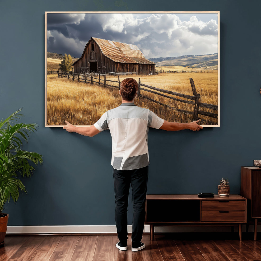 Rustic Barn Wall Art Canvas Print, Framed Moody Barn Golden Field Farmhouse Art