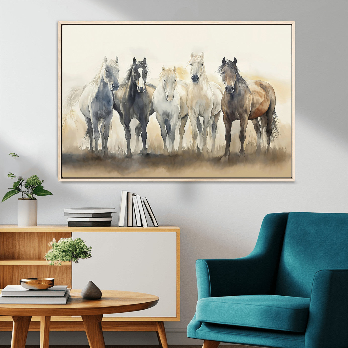 MGV-FC-36X24 - Wild Horses Wall Art Canvas Print, Framed Running Horses Art Picture Print, Watercolor Horses Perfect Rustic Western Decor Artwork