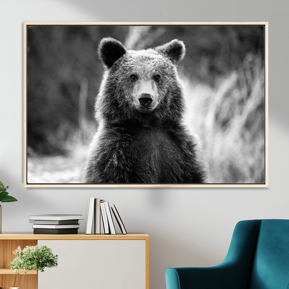 Grizzly Bear Wall Art Canvas Print, Framed Black and White Rustic Wildlife Decor