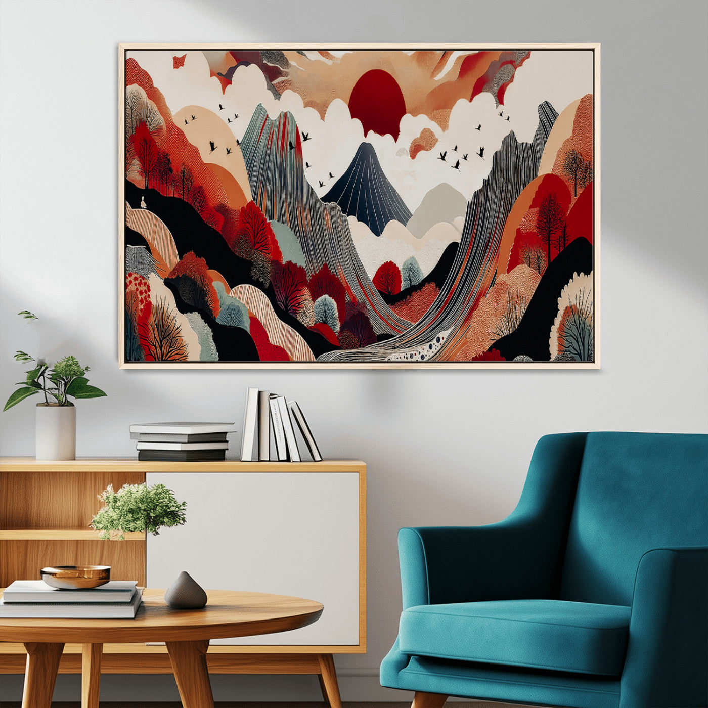 MGV-FC-36X24 - Abstract Mountain Wall Art Canvas Print, Framed Vibrant Landscape Art Picture Print, Stylized Nature Drawing Perfect Contemporary Minimalist Decor Artwork