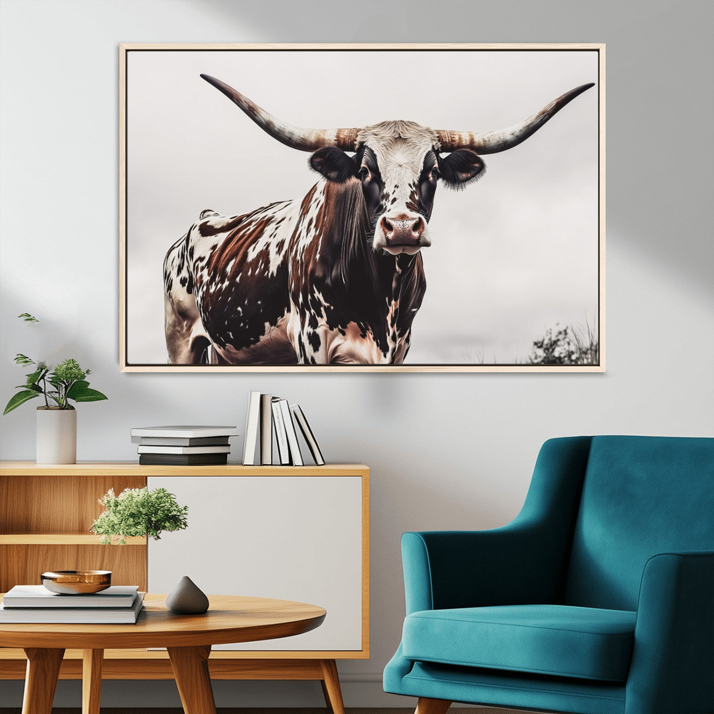 Close-up of a Texas Longhorn bull with powerful horns, perfect for rustic farmhouse or country-themed home decor. Ideal for animal lovers.