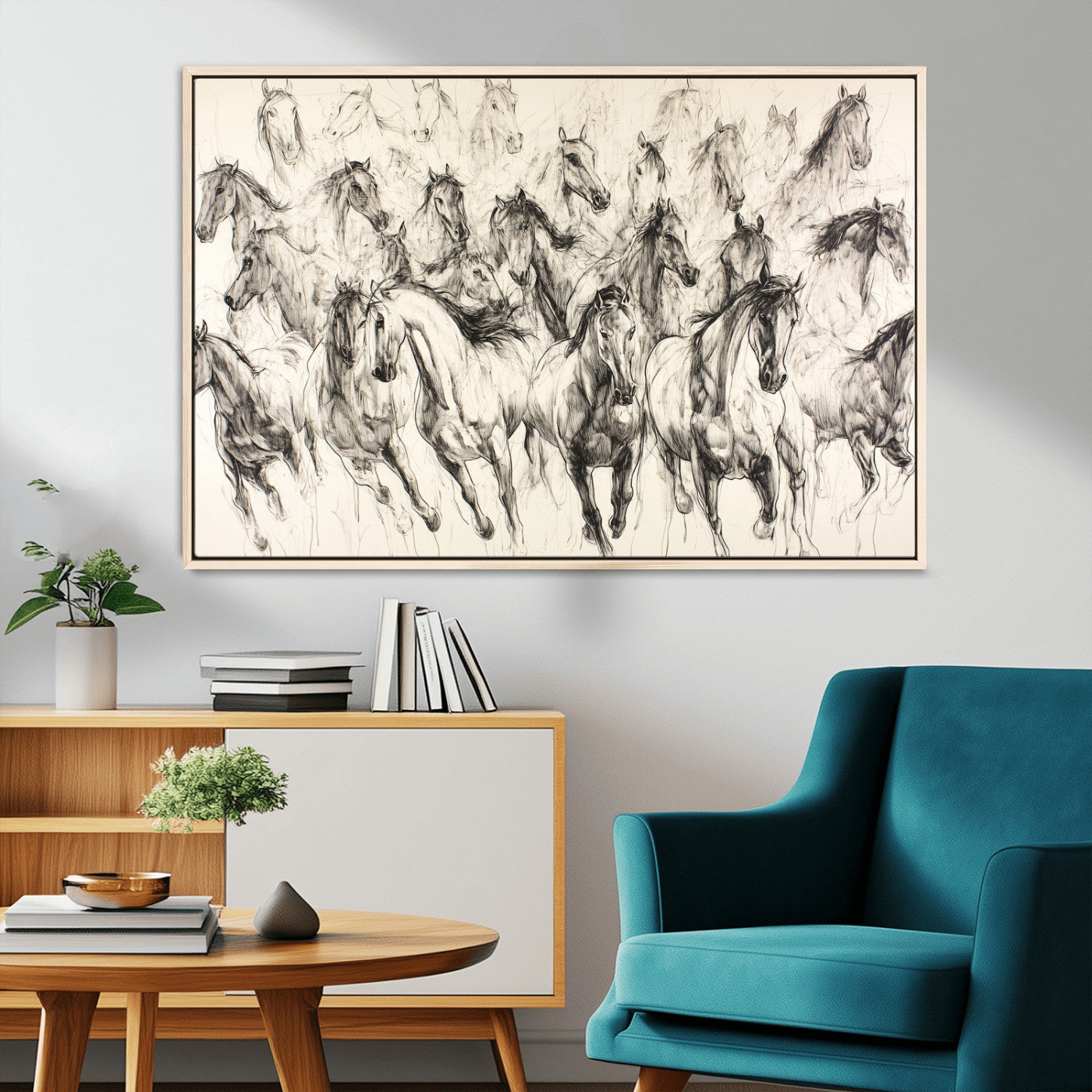 MGV-FC-36X24 - Running Horses Wall Art Canvas Print, Framed Horse Sketch Art Picture Print, Galloping Herd Perfect Monochrome Western Decor Artwork
