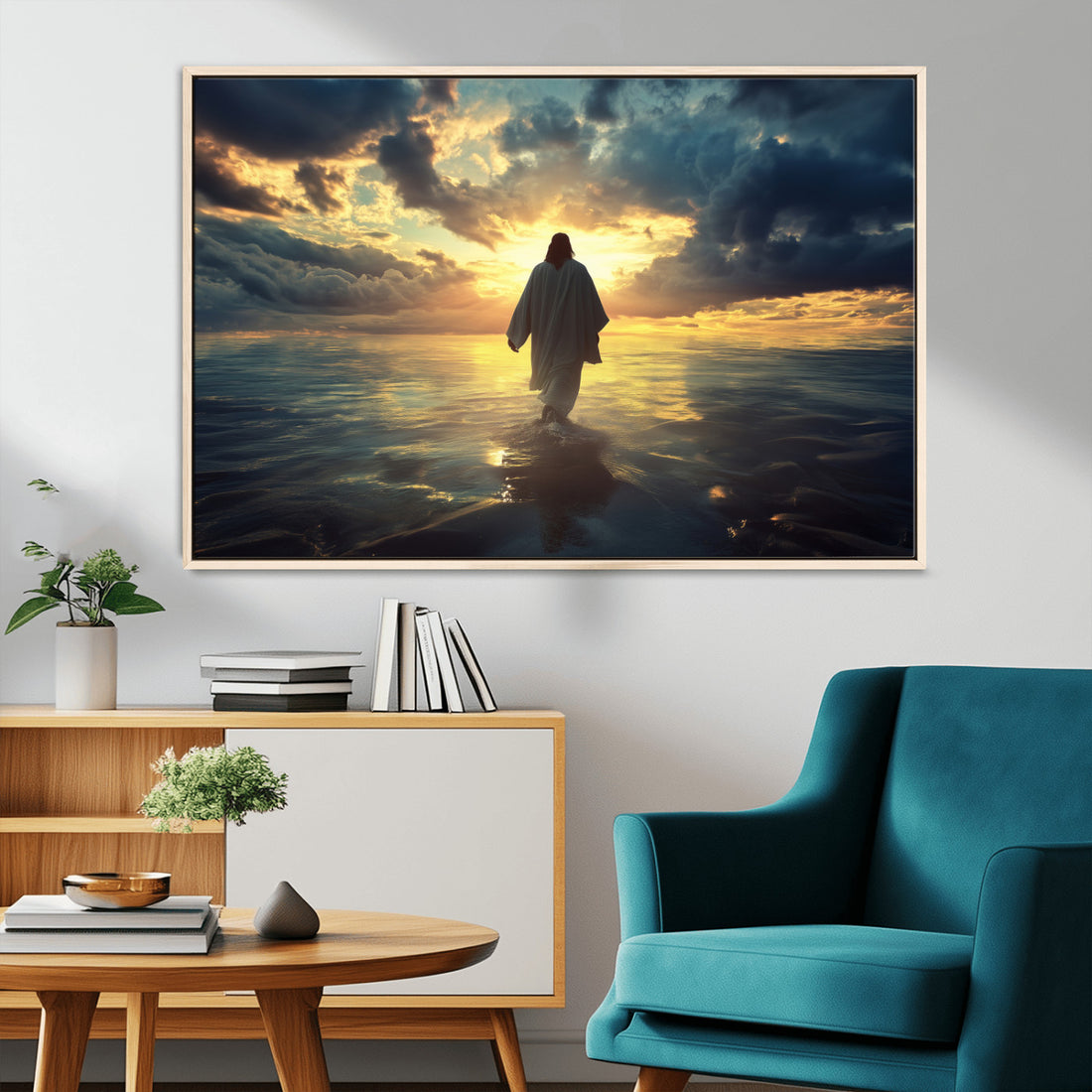 Jesus Walks Wall Art Canvas Print, Framed Divine Sunset and Spiritual Light