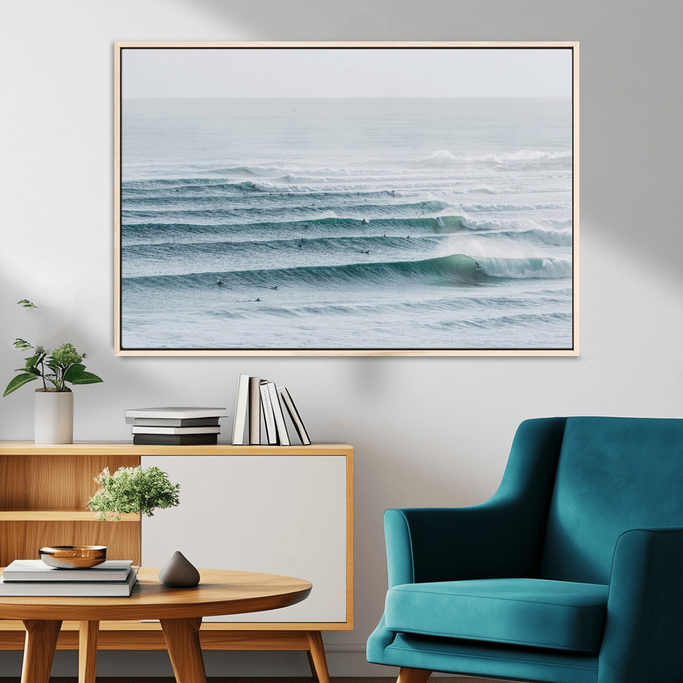 MGV-FC-36X24 - Ocean Waves Wall Art Canvas Print, Framed Surfer Lineup Art Picture Print, Crowded Ocean Perfect Minimal Coastal Decor Artwork