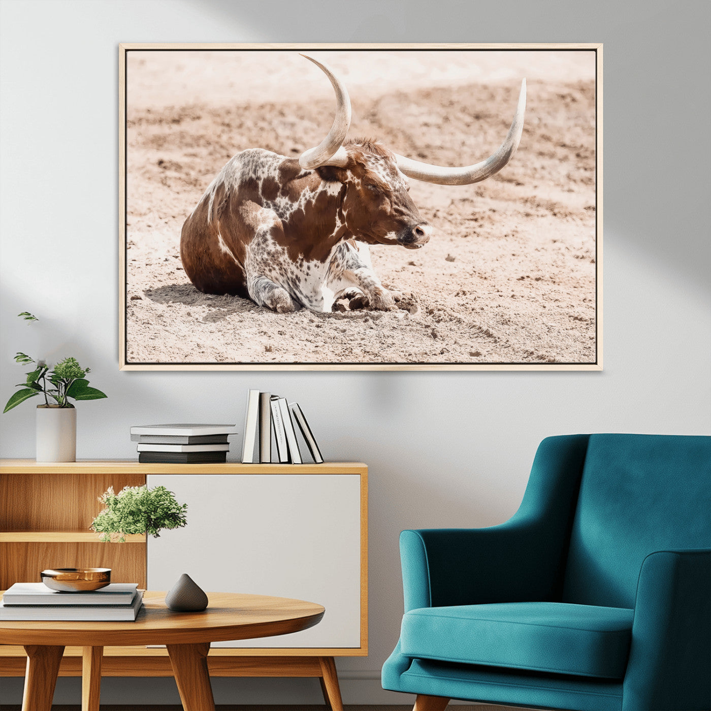MGV-FC-36X24 - Texas Longhorn Wall Art Canvas Print, Framed Resting Bull Art Picture Print, Spotted Cattle Perfect Rustic Western Decor Artwork