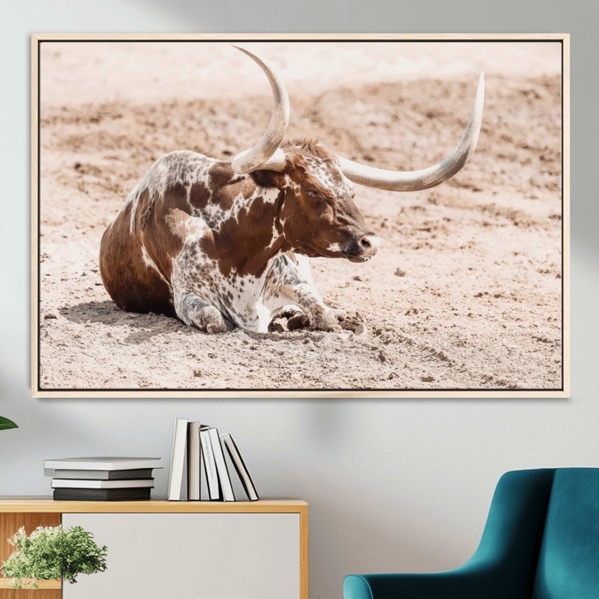 -Texas Longhorn Wall Art Canvas Print – Framed Resting Bull Scene with Spotted Cattle Artwork for Home, Office