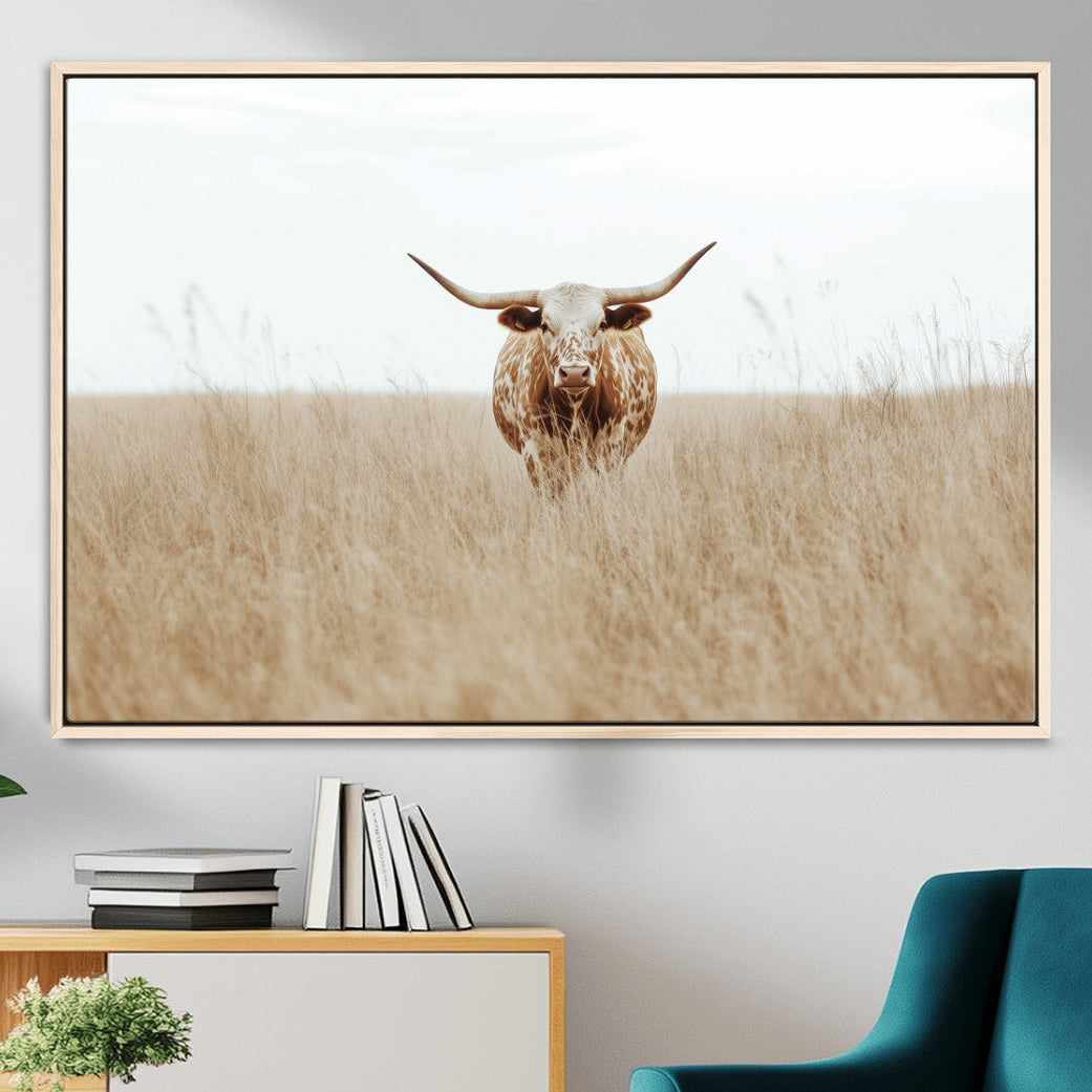 Texas Longhorn Wall Art Canvas Print, Framed Lone Cattle and Longhorn Bull Scene