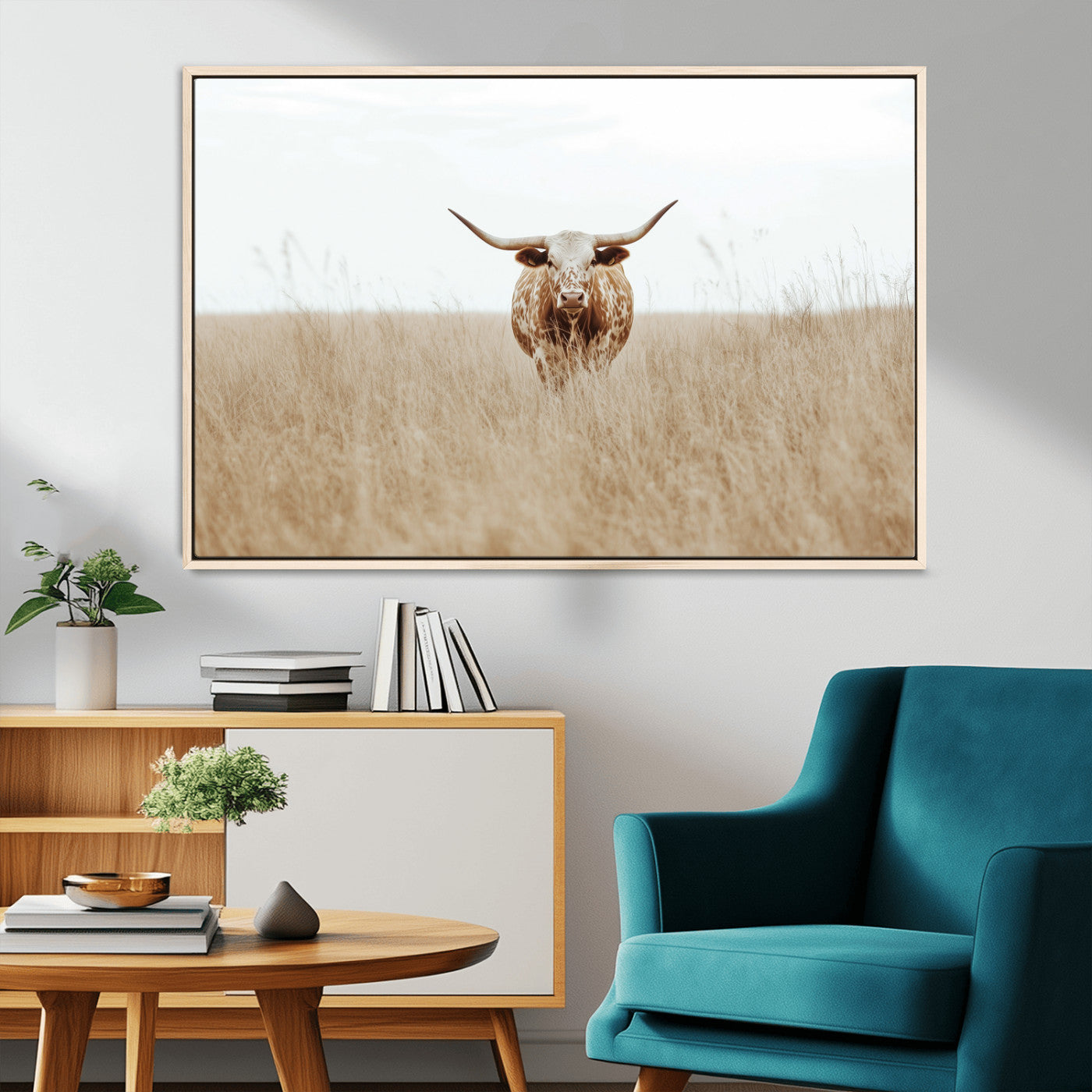 MGV-FC-36X24 - Texas Longhorn Wall Art Canvas Print, Framed Lone Cattle Art Picture Print, Longhorn Bull Perfect Rustic Western Decor Artwork