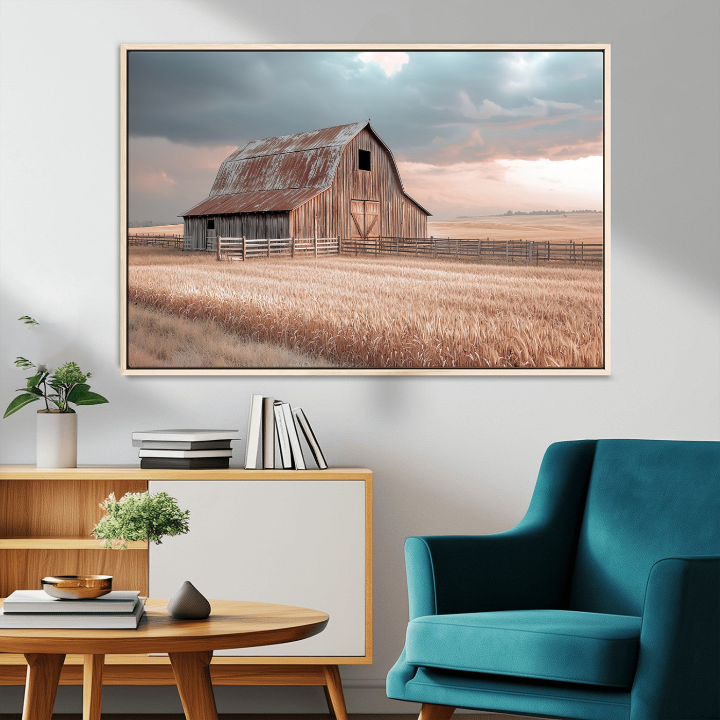 MGV-FC-36X24 - Rustic Barn Wall Art Canvas Print, Framed Wheat Field Art Picture Print, Sunset Barn Perfect Vintage Farmhouse Decor Artwork