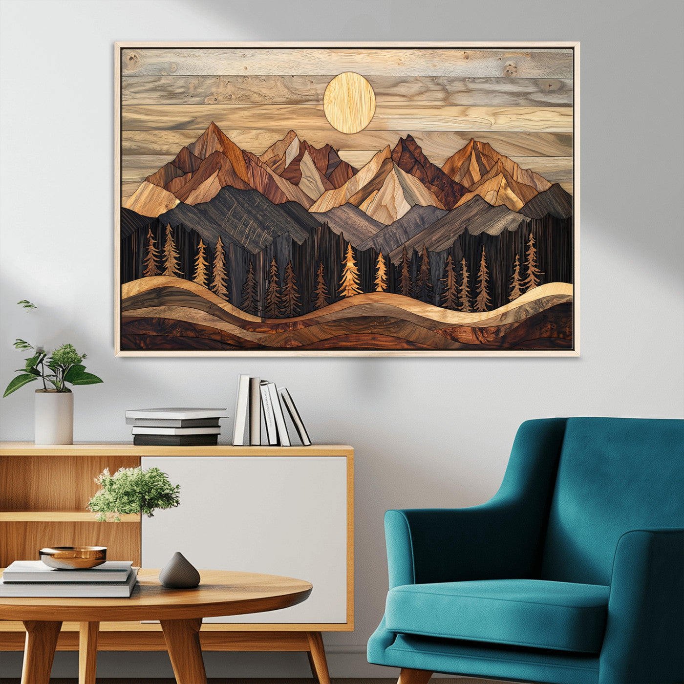 MGV-FC-36X24 - Wood Mountain Wall Art Canvas Print, Framed Boho Wood Art Picture Print, Abstract Woodland Perfect Farmhouse Decor Artwork